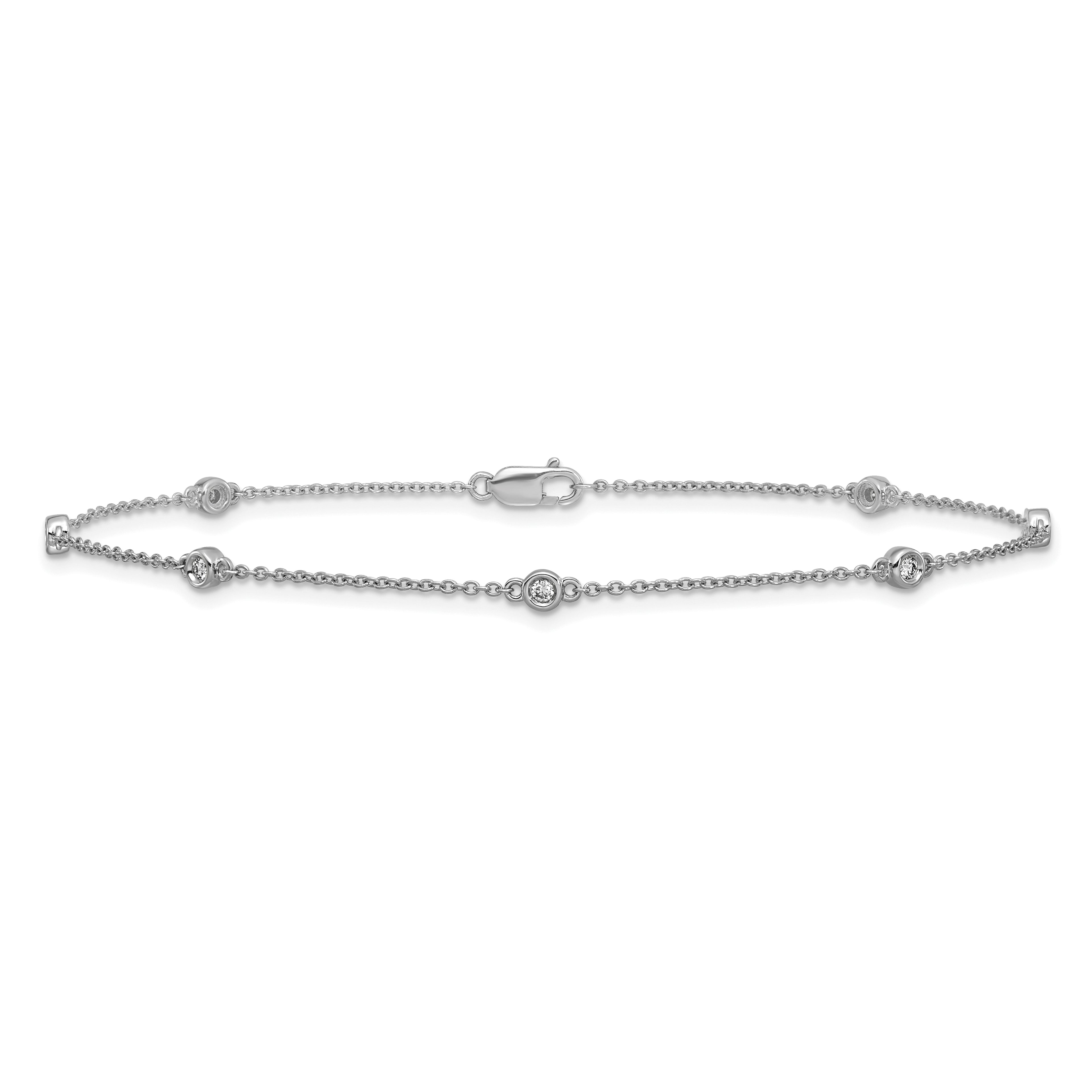 14k White Gold Complete 1/6 carat Bezel-set Diamond and Cable Chain 7-Station 9 inch Anklet