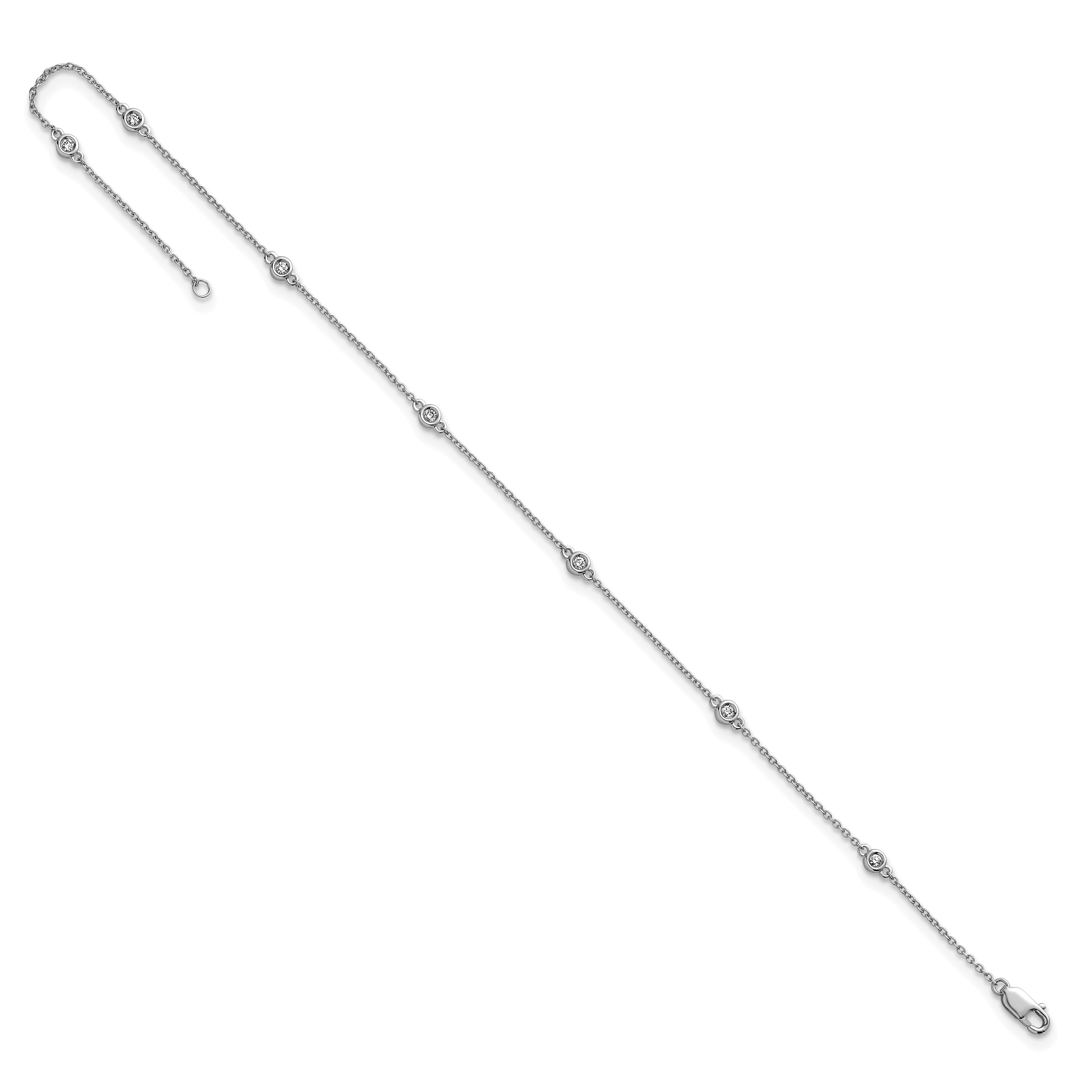 14k White Gold Complete 1/6 carat Bezel-set Diamond and Cable Chain 7-Station 9 inch Anklet