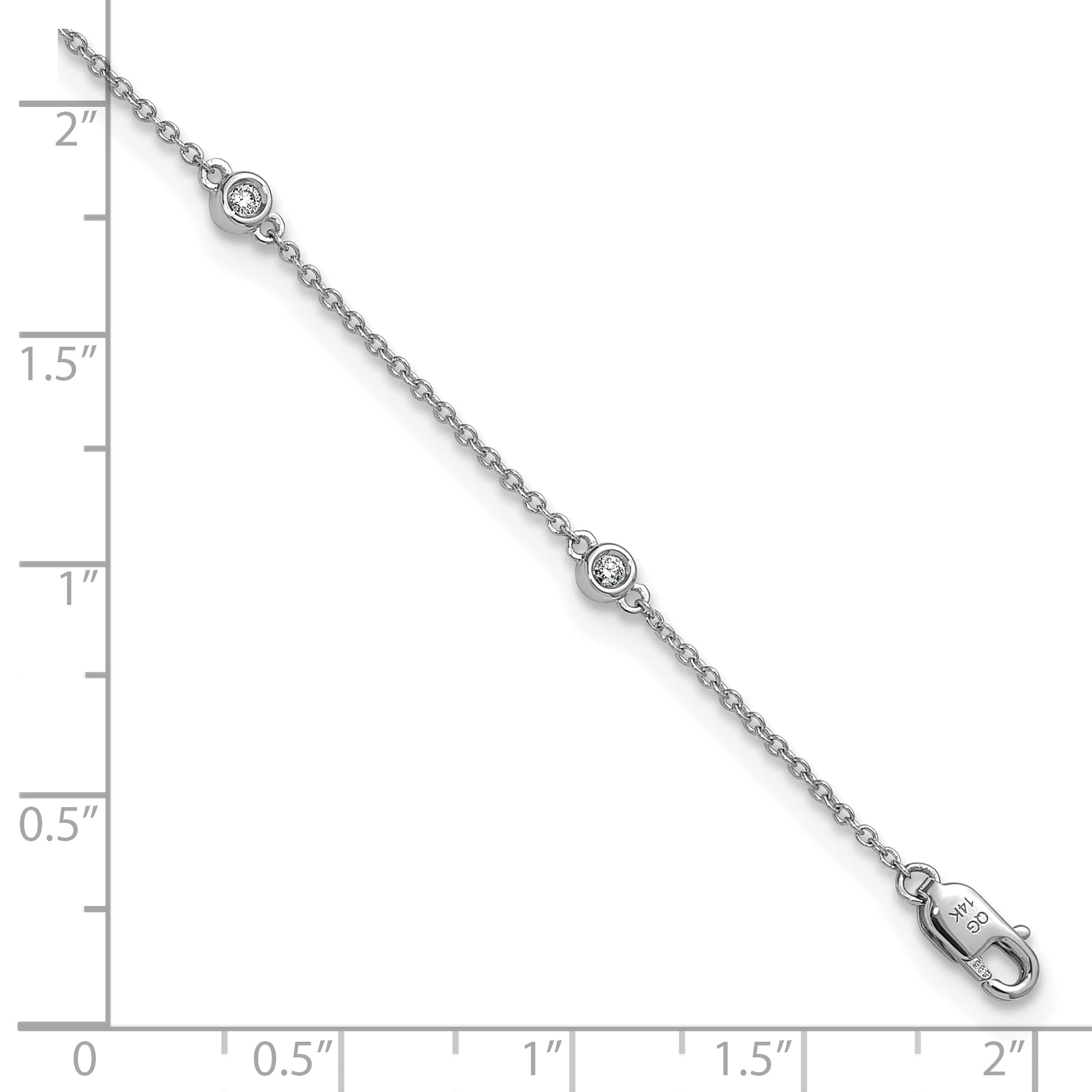 14k White Gold Complete 1/6 carat Bezel-set Diamond and Cable Chain 7-Station 9 inch Anklet