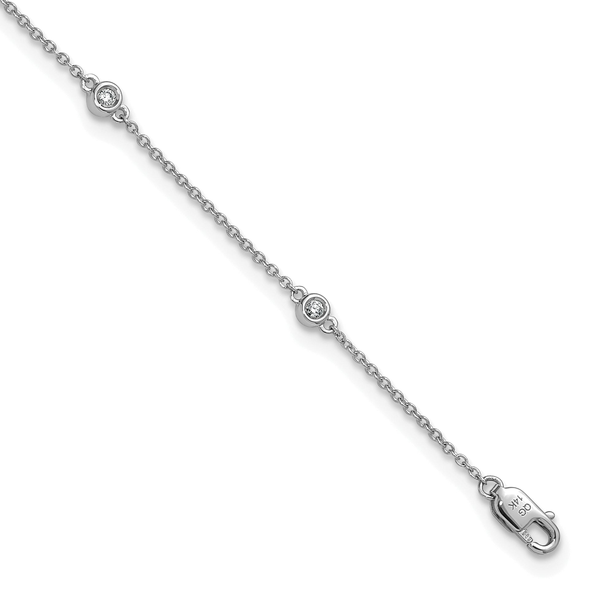 14k White Gold Complete 1/6 carat Bezel-set Diamond and Cable Chain 7-Station 9 inch Anklet Main image