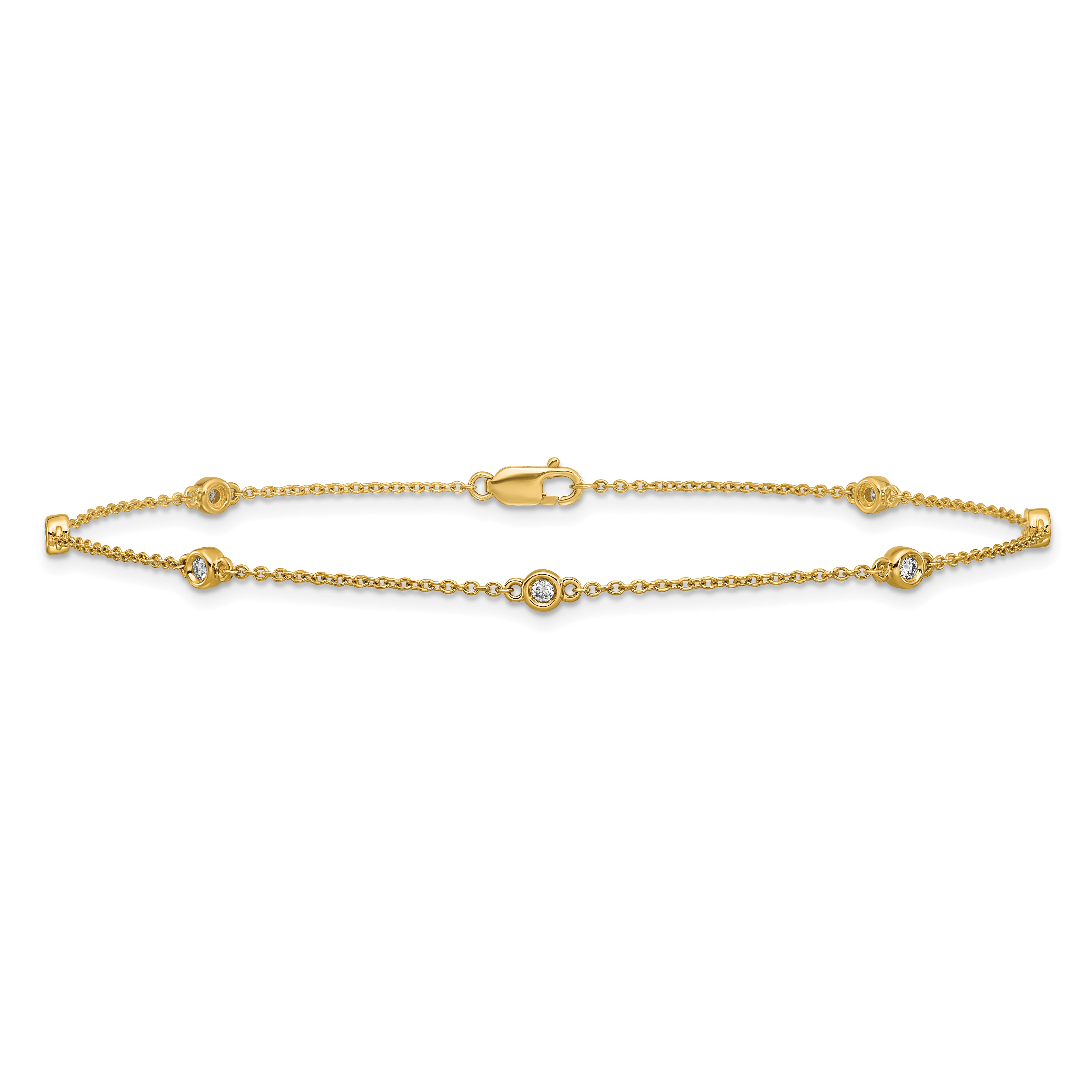 14k Complete 1/6 carat Bezel-set Diamond and Cable Chain 7-Station 9 inch Anklet