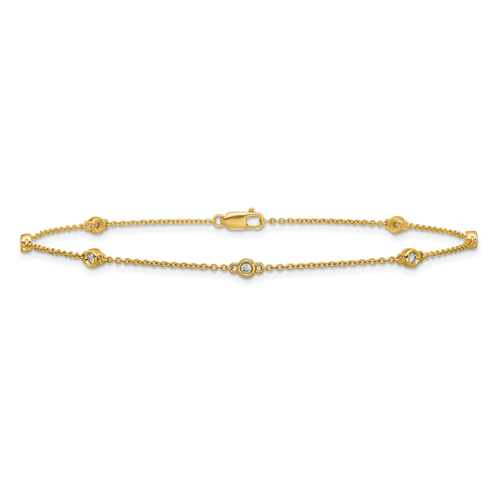 14k Complete 1/6 carat Bezel-set Diamond and Cable Chain 7-Station 9 inch Anklet