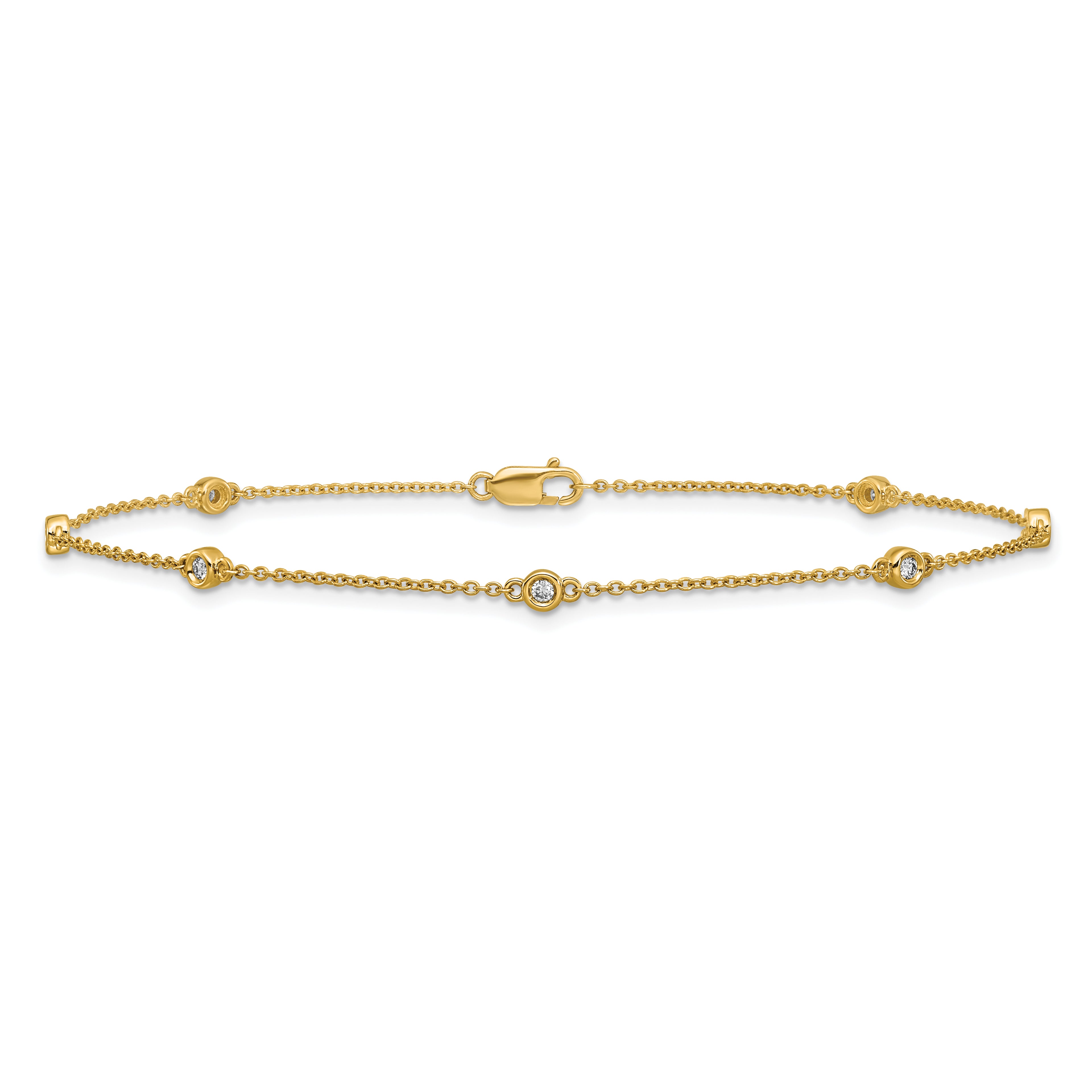 14k Complete 1/6 carat Bezel-set Diamond and Cable Chain 7-Station 9 inch Anklet