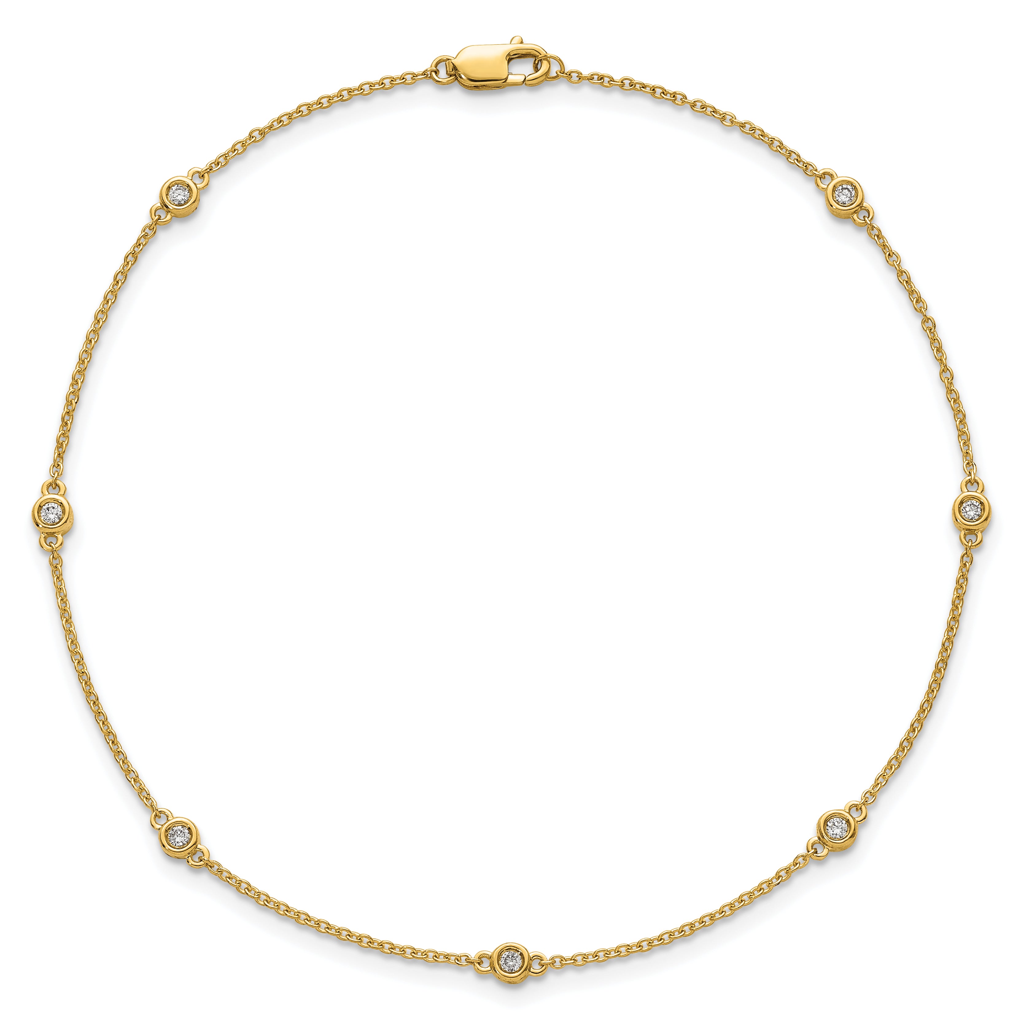 14k Complete 1/6 carat Bezel-set Diamond and Cable Chain 7-Station 9 inch Anklet