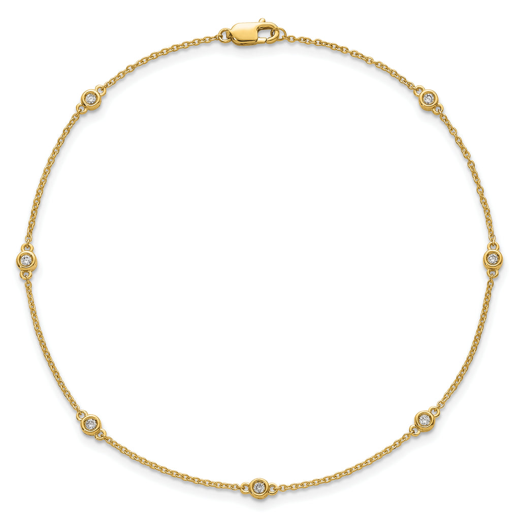 14k Complete 1/6 carat Bezel-set Diamond and Cable Chain 7-Station 9 inch Anklet