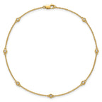 14k Complete 1/6 carat Bezel-set Diamond and Cable Chain 7-Station 9 inch Anklet