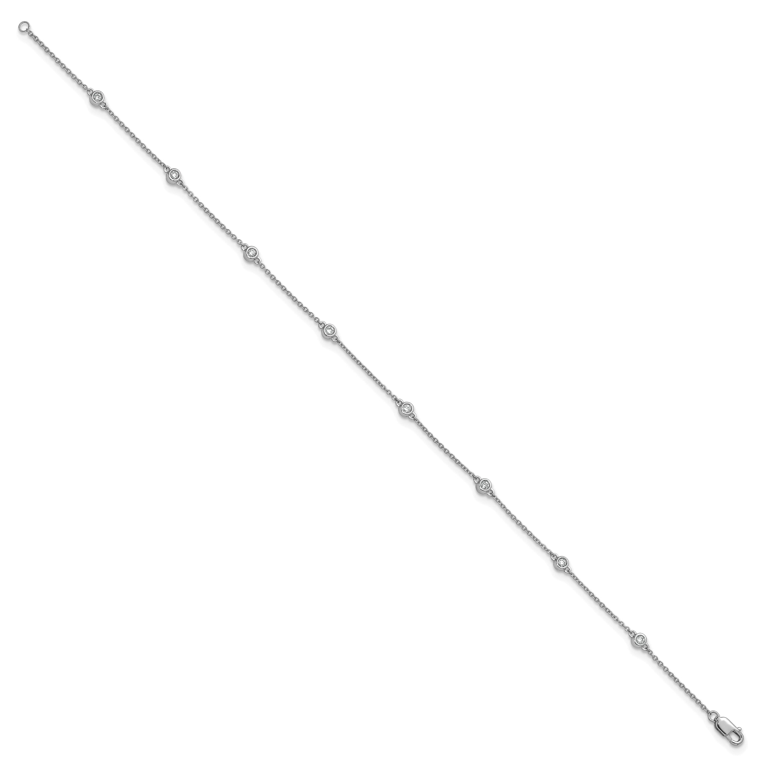 14k White Gold Complete 1/5 carat Bezel-set Diamond and Cable Chain 8-Station 9 inch Anklet