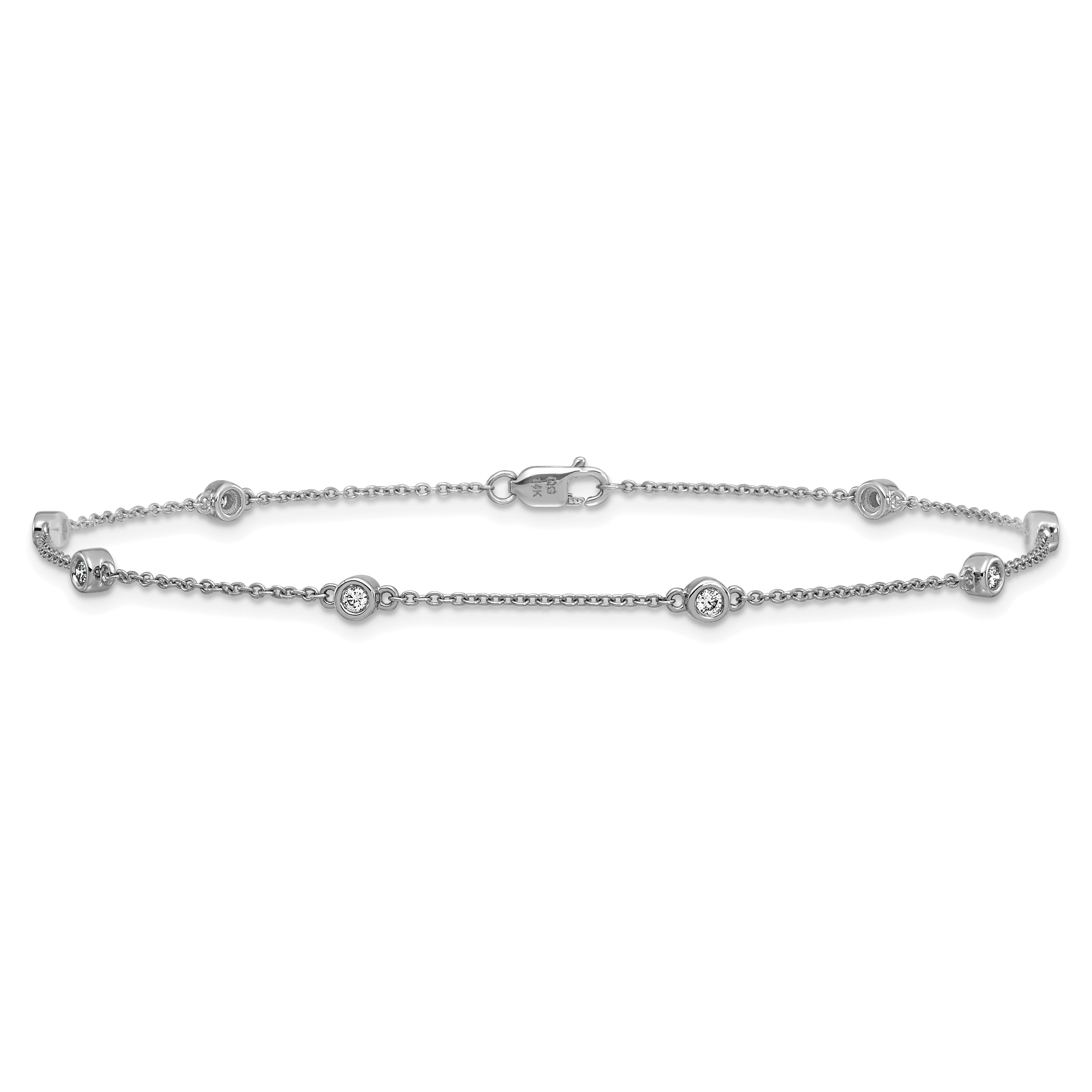 14k White Gold Complete 1/5 carat Bezel-set Diamond and Cable Chain 8-Station 9 inch Anklet