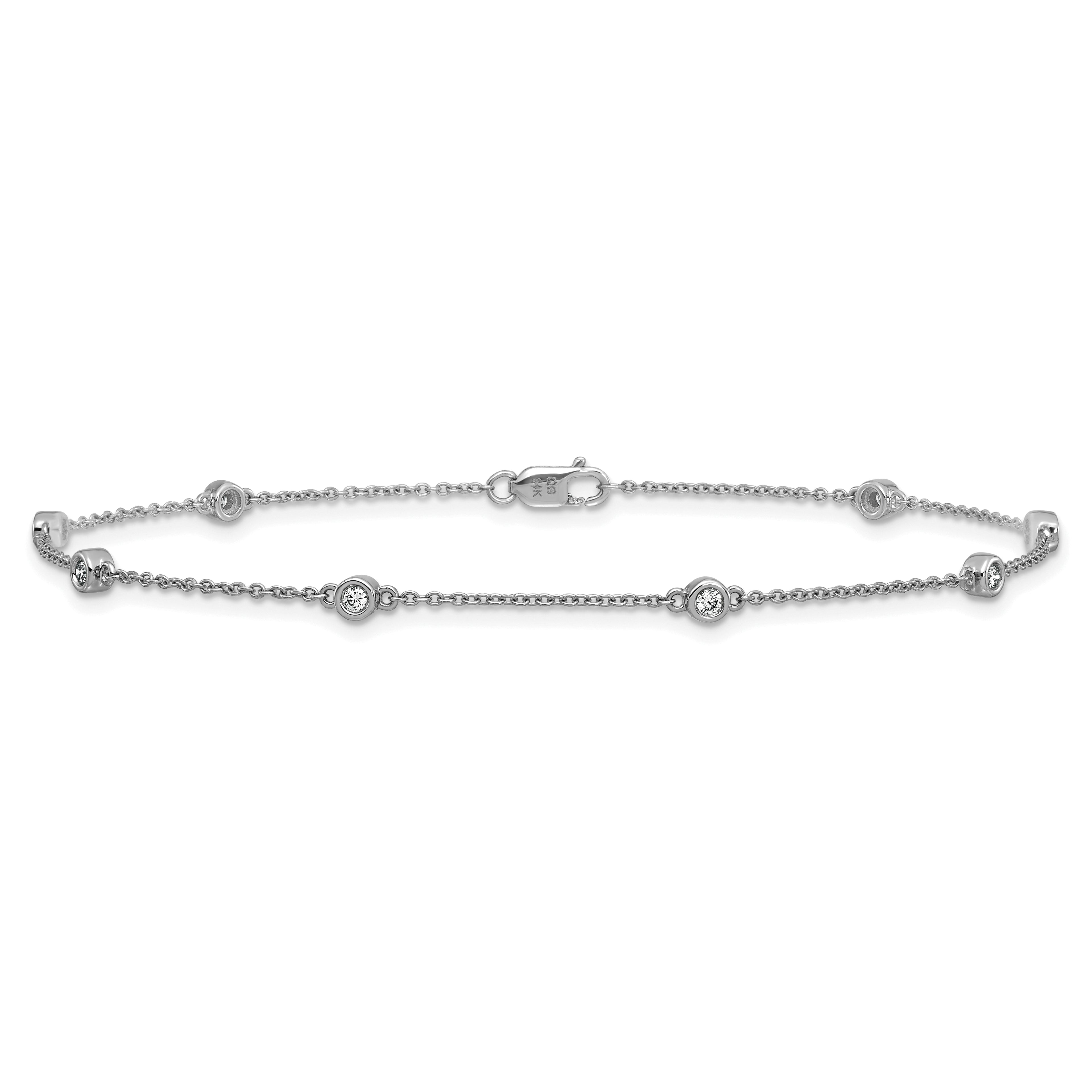 14k White Gold Complete 1/5 carat Bezel-set Diamond and Cable Chain 8-Station 9 inch Anklet