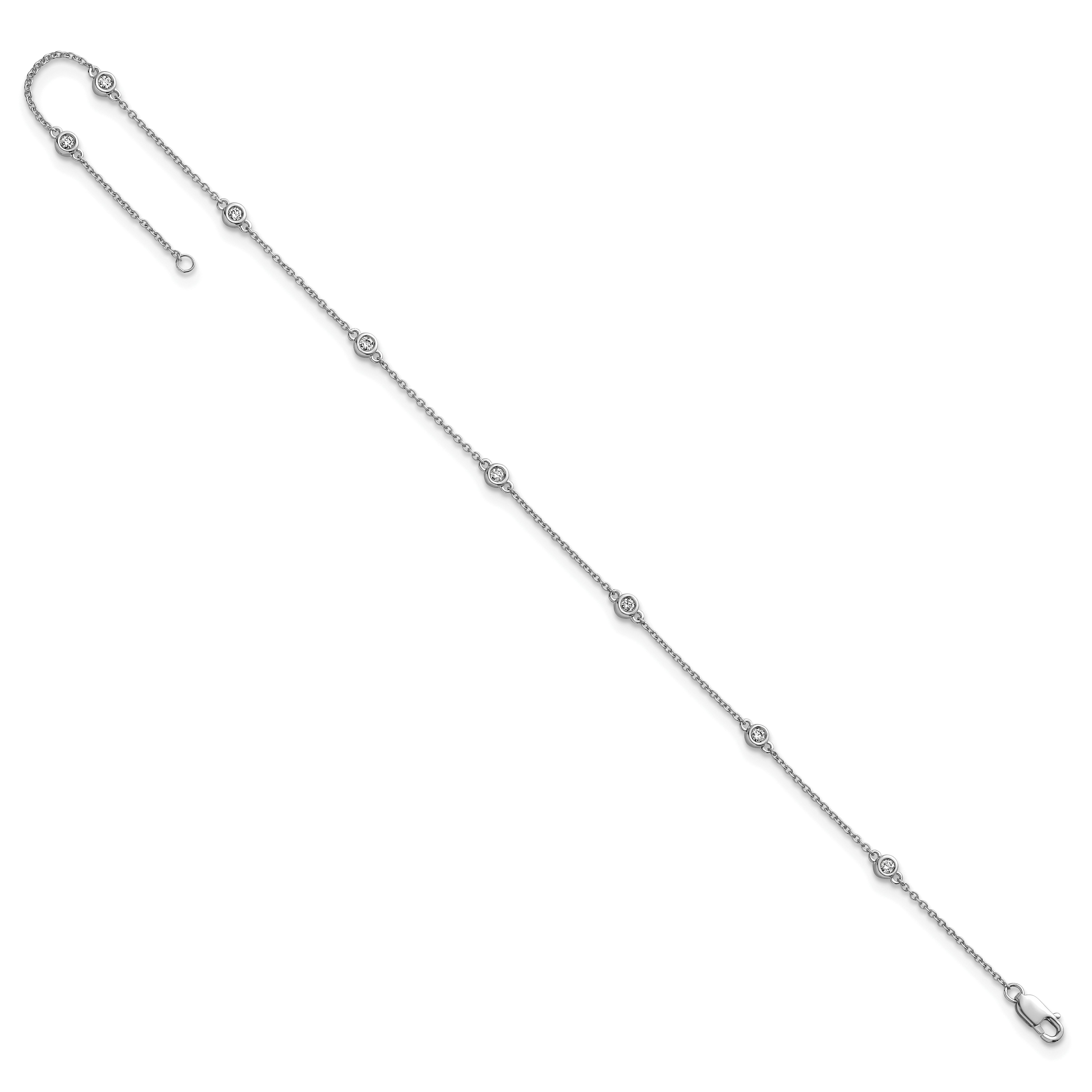14k White Gold Complete 1/5 carat Bezel-set Diamond and Cable Chain 8-Station 9 inch Anklet