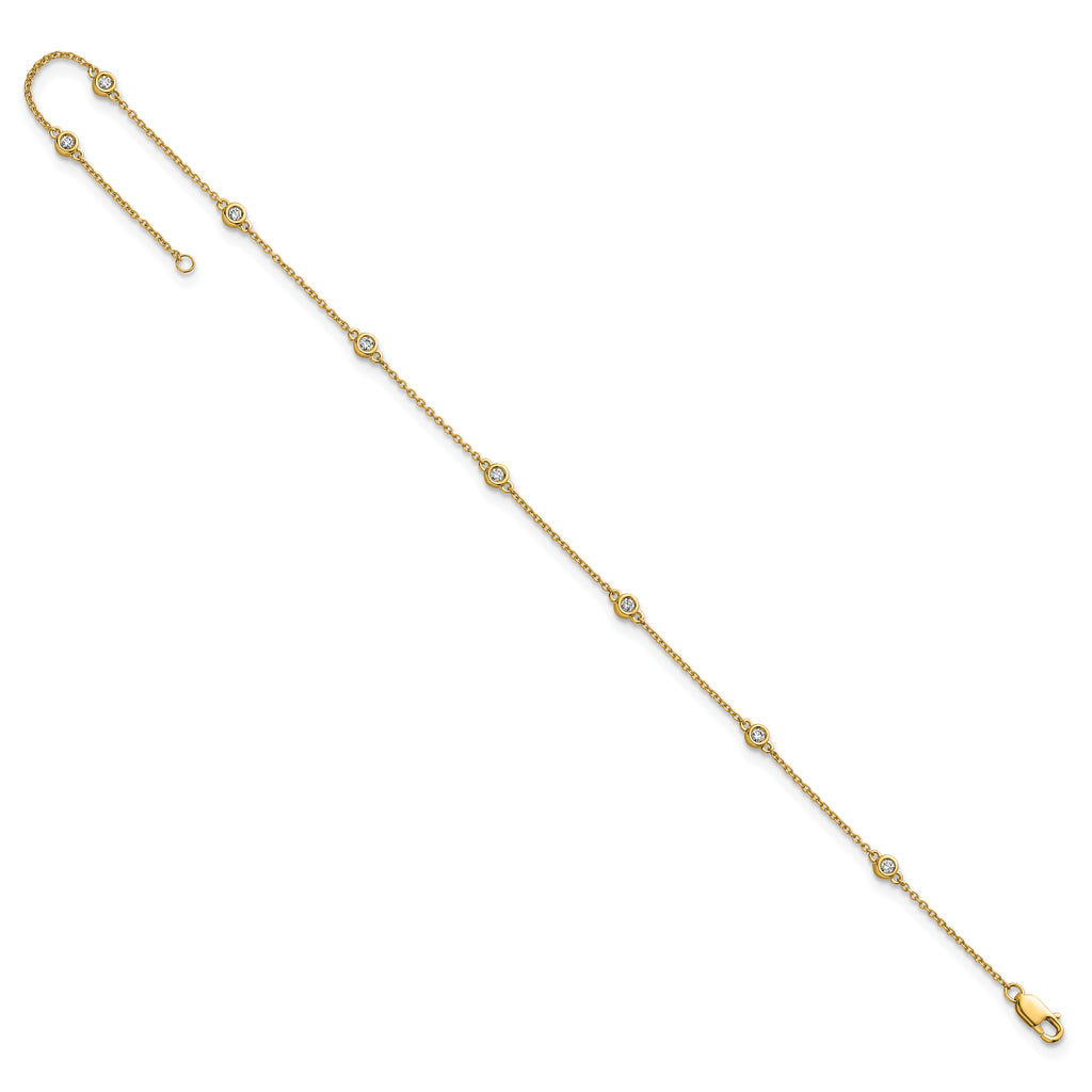14k Complete 1/5 carat Bezel-set Diamond and Cable Chain 8-Station 9 inch Anklet