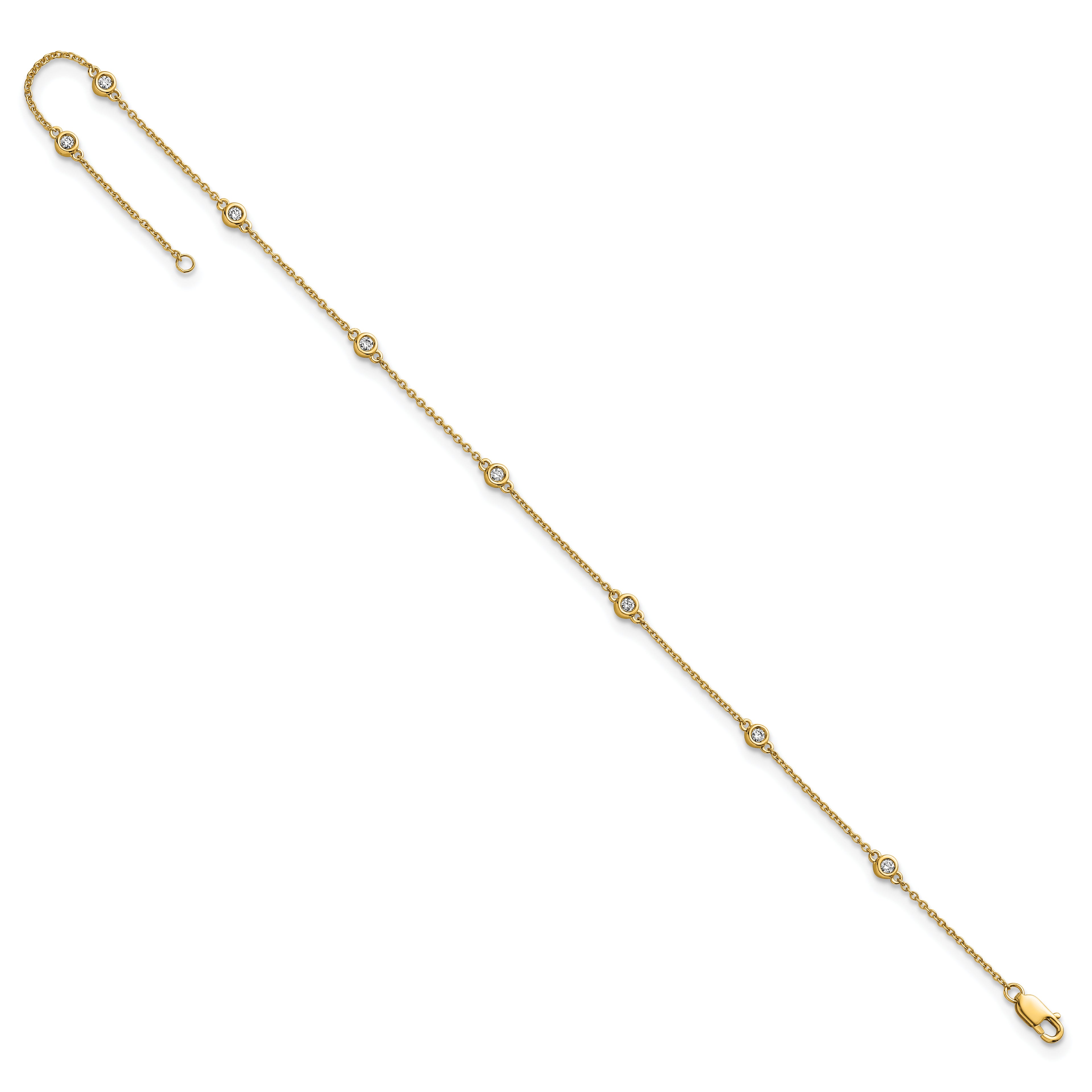 14k Complete 1/5 carat Bezel-set Diamond and Cable Chain 8-Station 9 inch Anklet