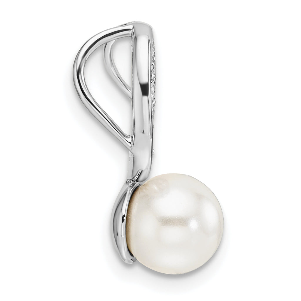 14K White Gold Polished 1/15 carat Diamond and White Freshwater Cultured Pearl Chain Slide