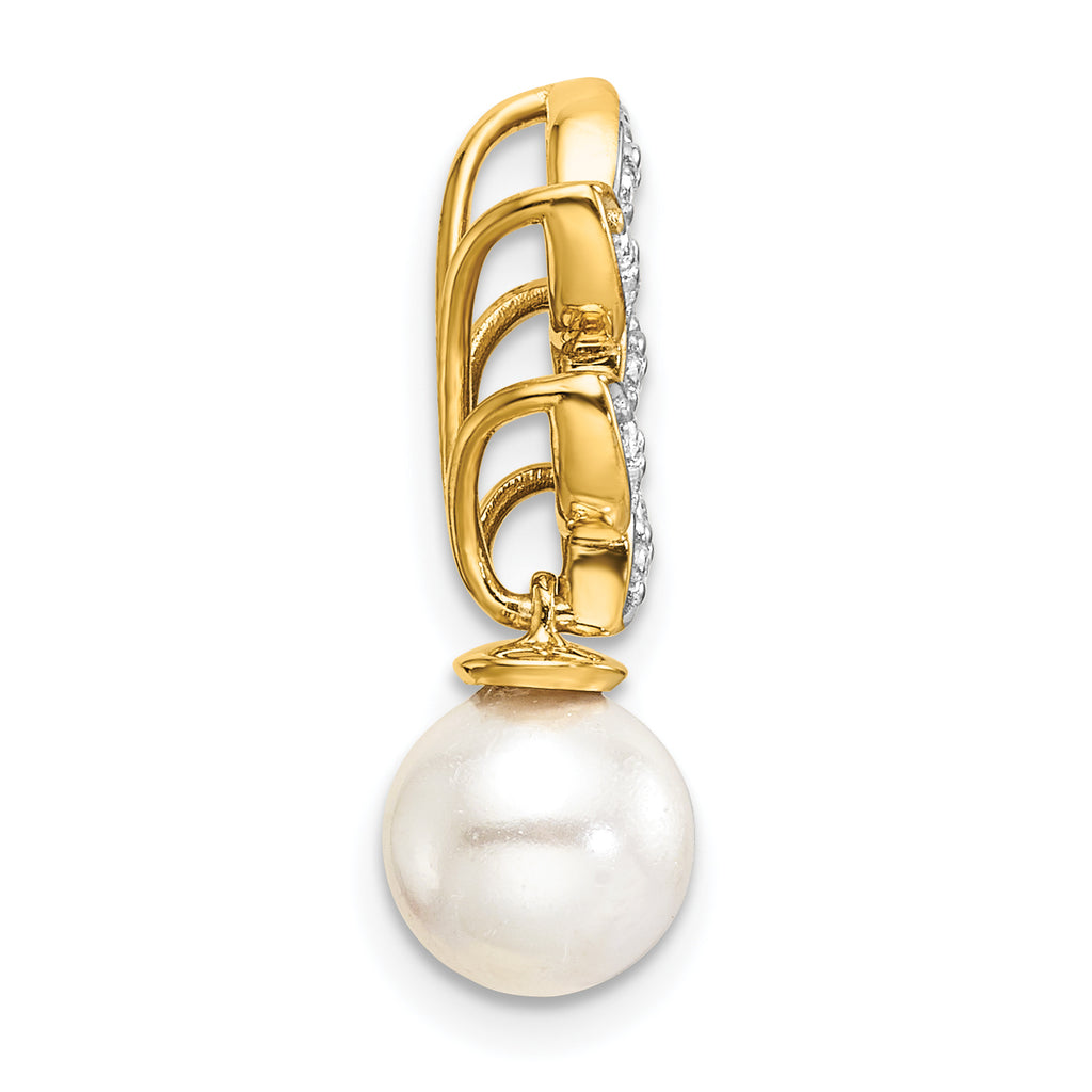 14K Polished 1/15 carat Diamond and White Freshwater Cultured Pearl Leaf Design Chain Slide