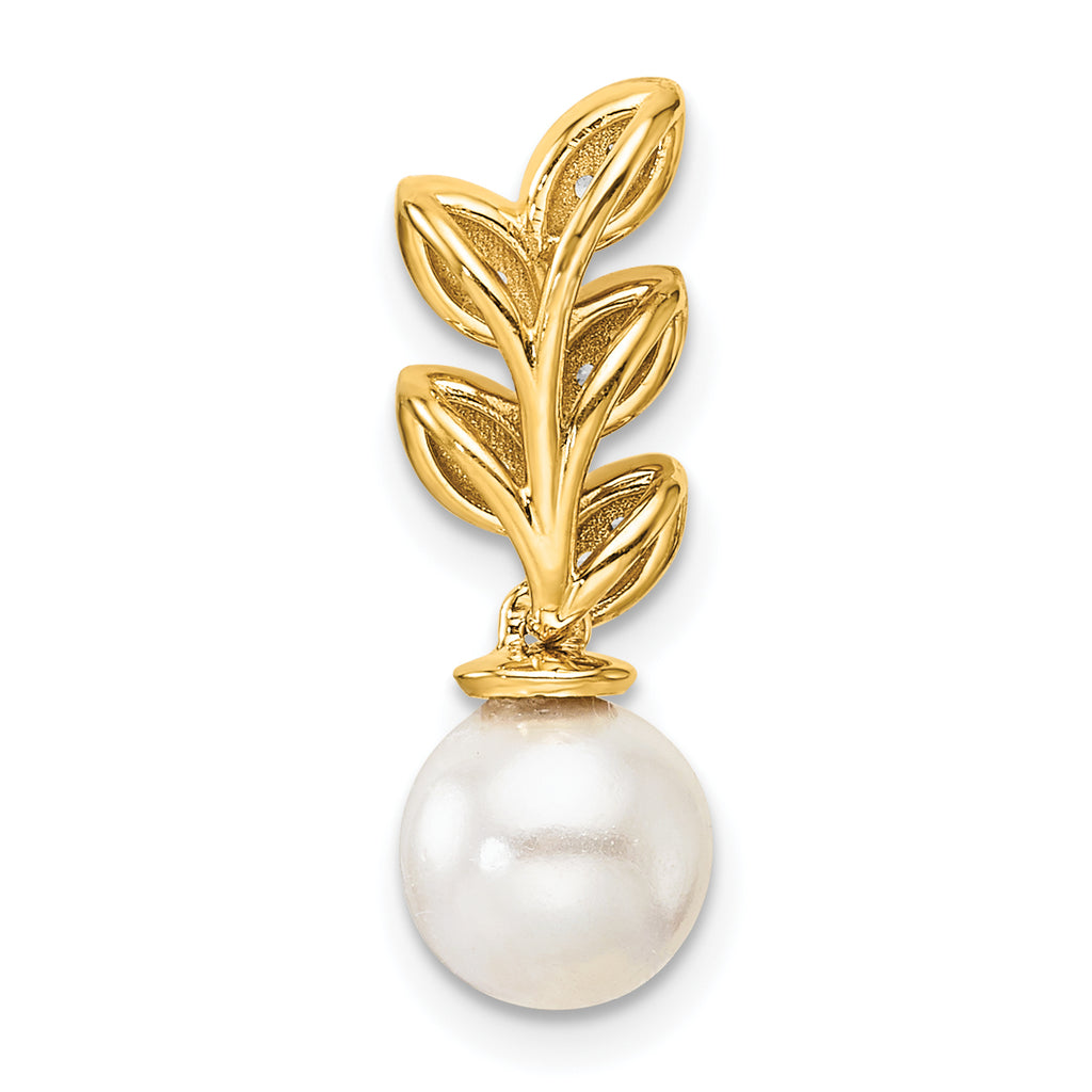 14K Polished 1/15 carat Diamond and White Freshwater Cultured Pearl Leaf Design Chain Slide