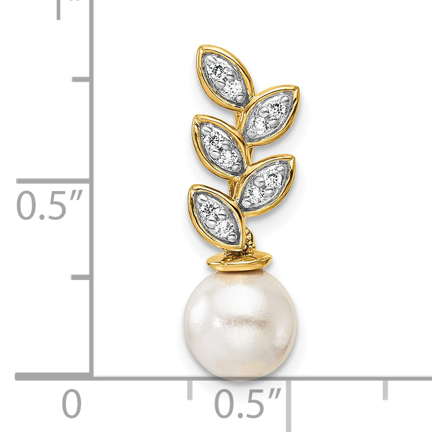 14K Polished 1/15 carat Diamond and White Freshwater Cultured Pearl Leaf Design Chain Slide