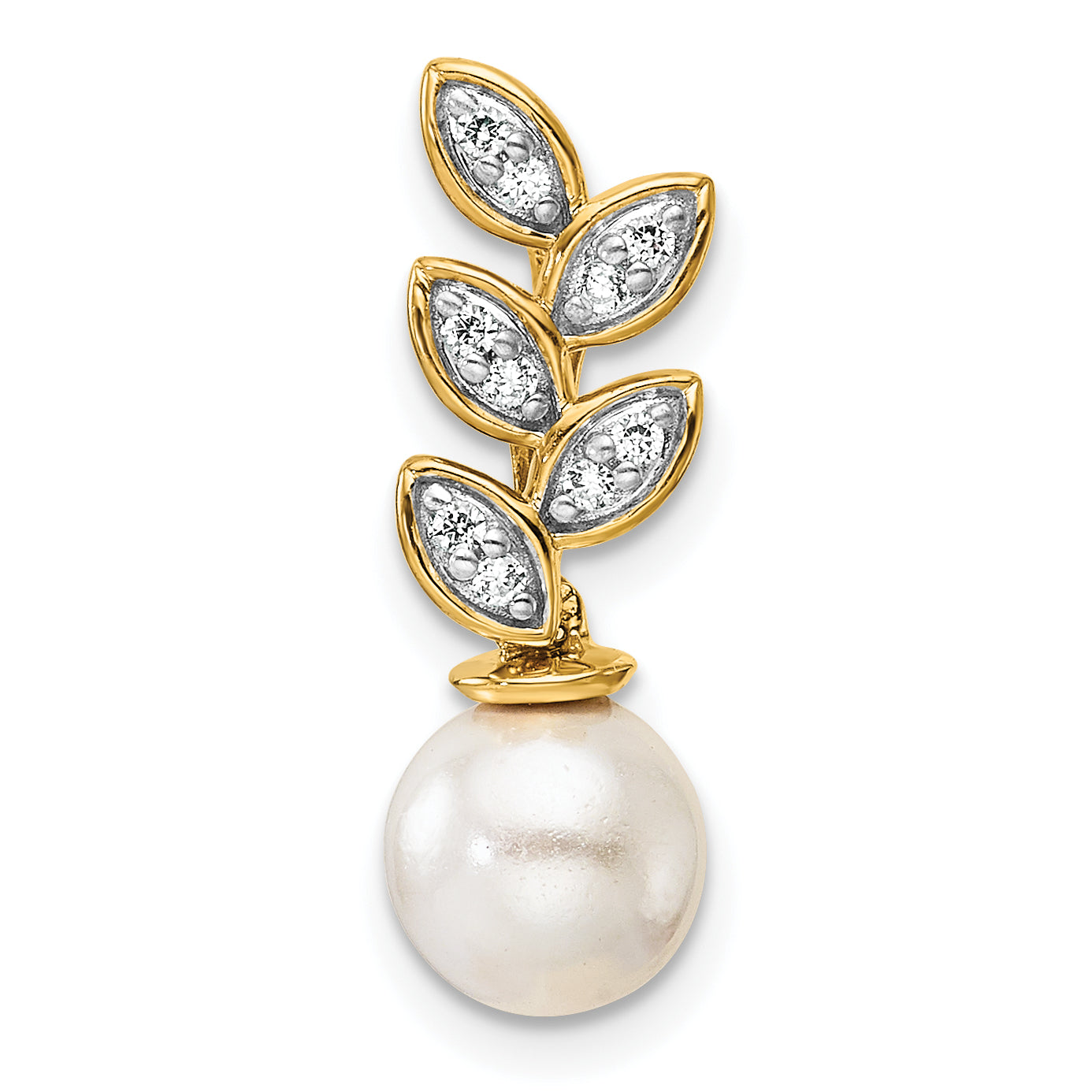 14K Polished 1/15 carat Diamond and White Freshwater Cultured Pearl Leaf Design Chain Slide Main image