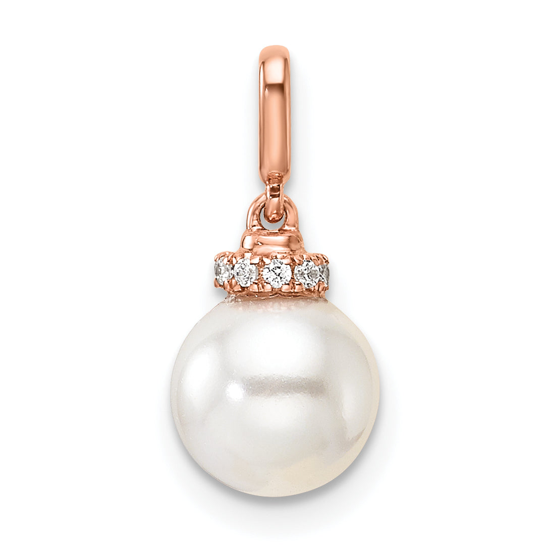 14K Rose Gold Polished 1/20 carat Diamond and White Freshwater Cultured Pearl Pendant Main image