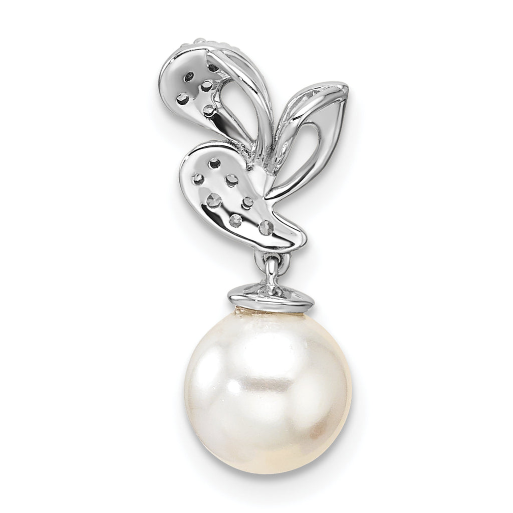 14K White Gold Polished 1/10 carat Diamond and White Freshwater Cultured Pearl Chain Slide