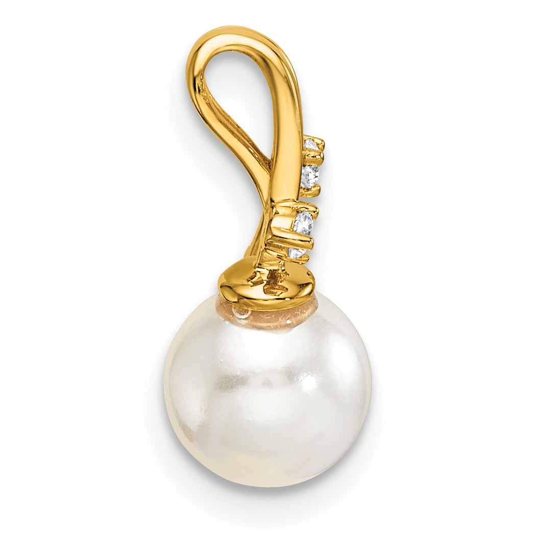 14K Polished 1/15 carat Diamond and White Freshwater Cultured Pearl Chain Slide