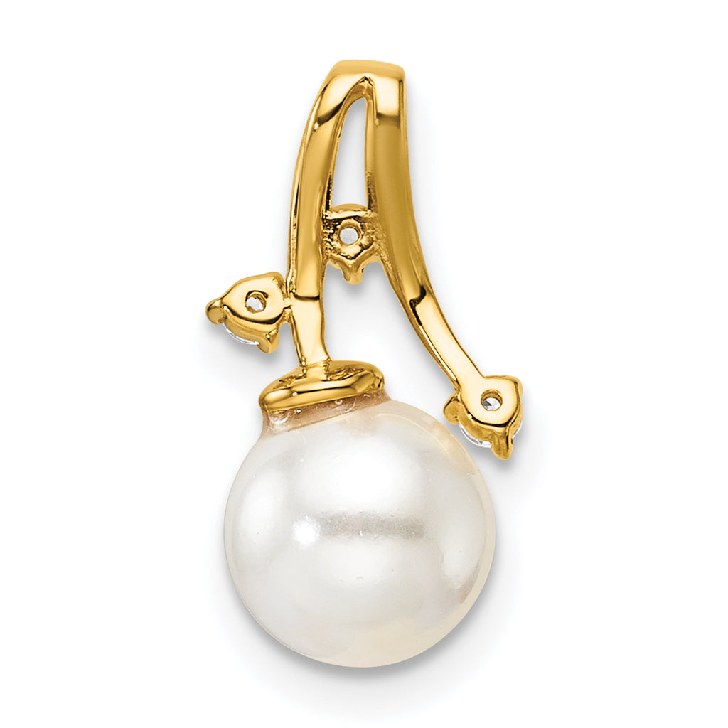 14K Polished 1/15 carat Diamond and White Freshwater Cultured Pearl Chain Slide