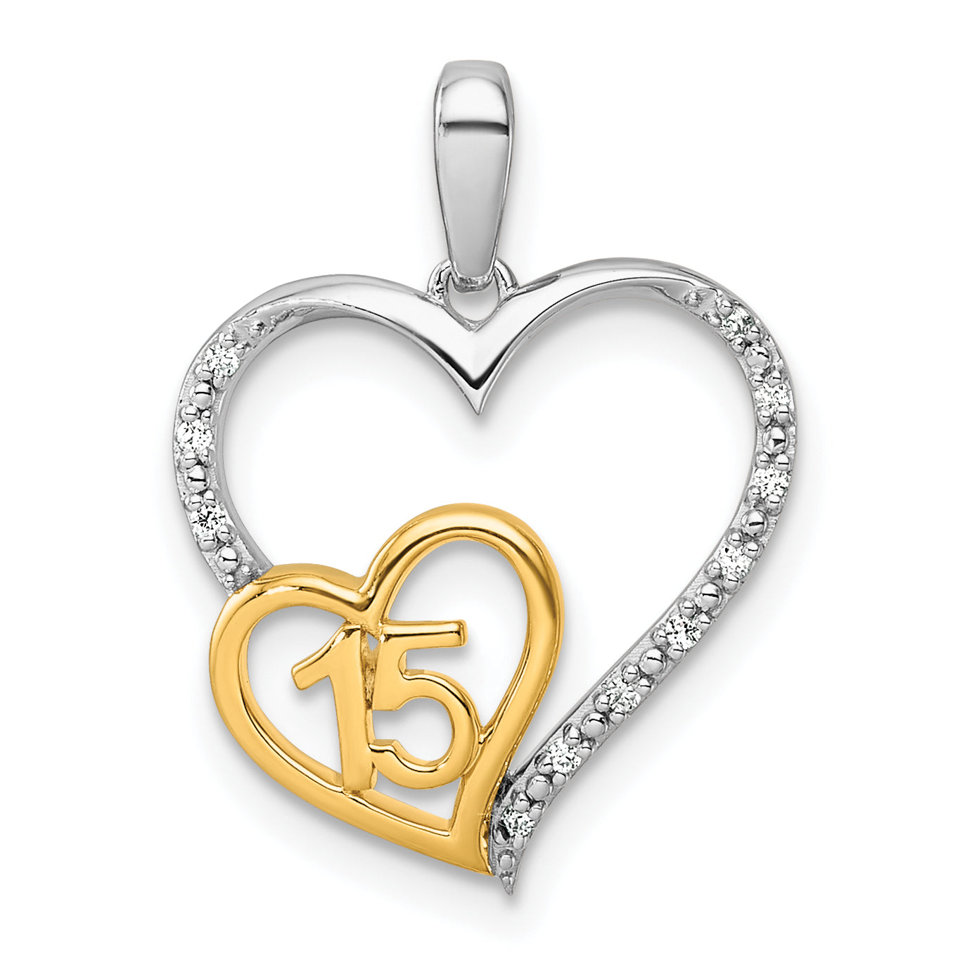 14K Two-tone Polished Diamond Quinceanera Heart Pendant Main image