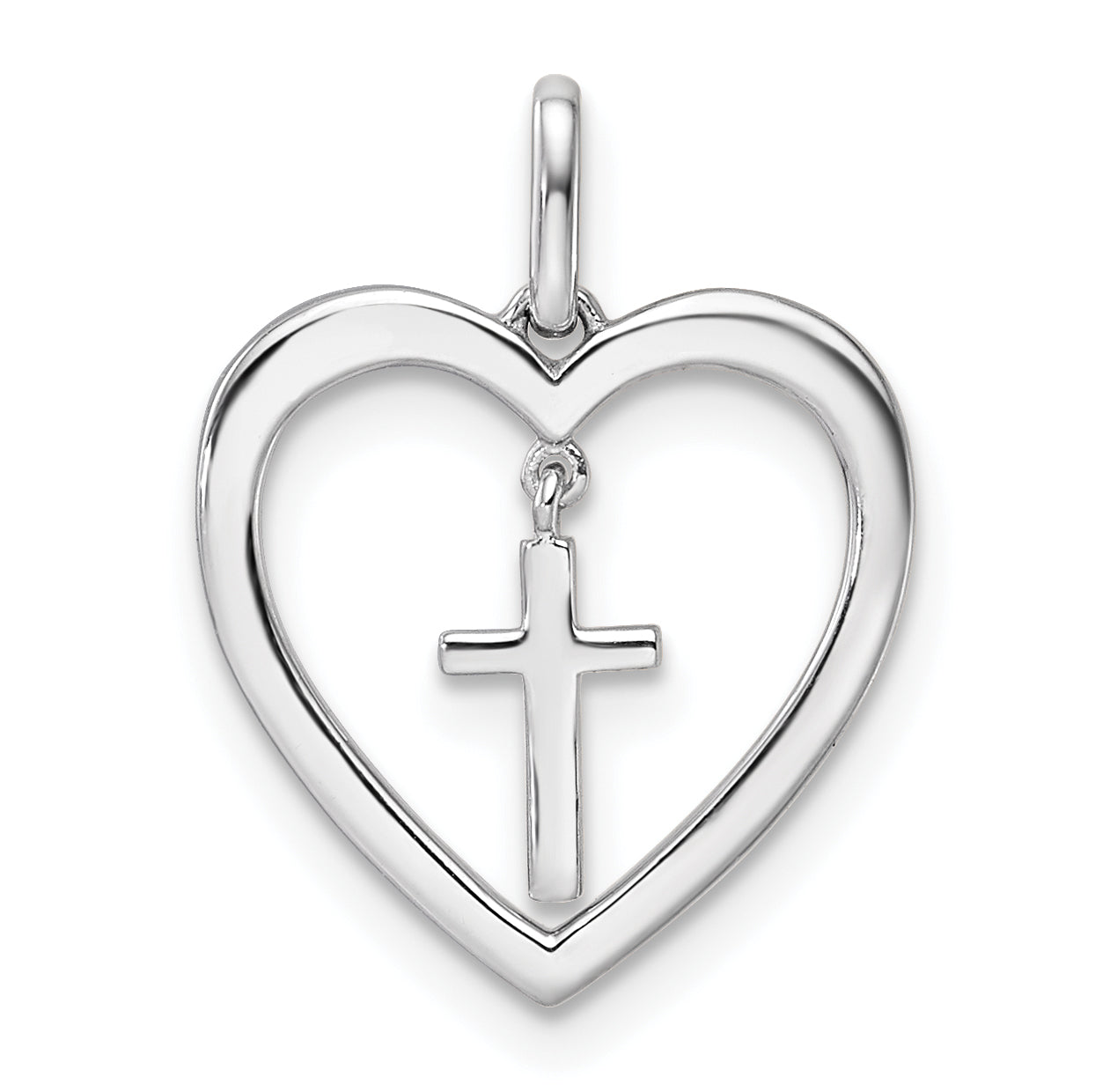 14K White Gold Polished Diamond Heart Dangle Cross Pendant
