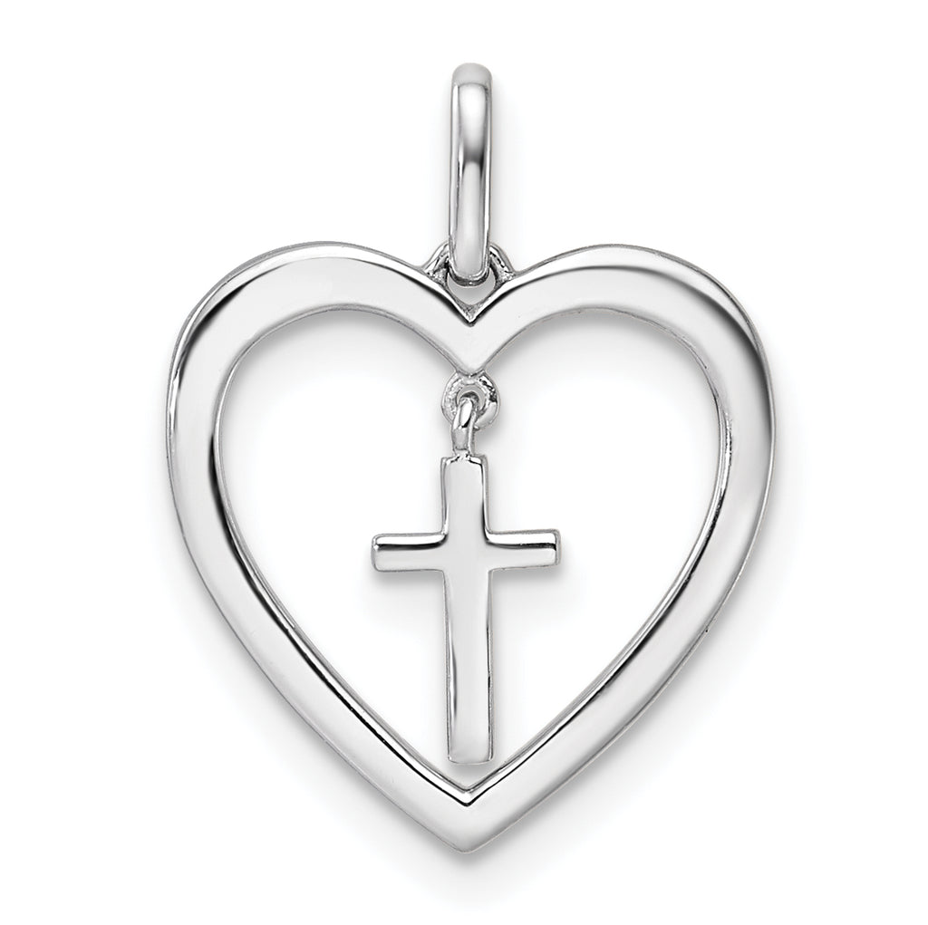 14K White Gold Polished Diamond Heart Dangle Cross Pendant
