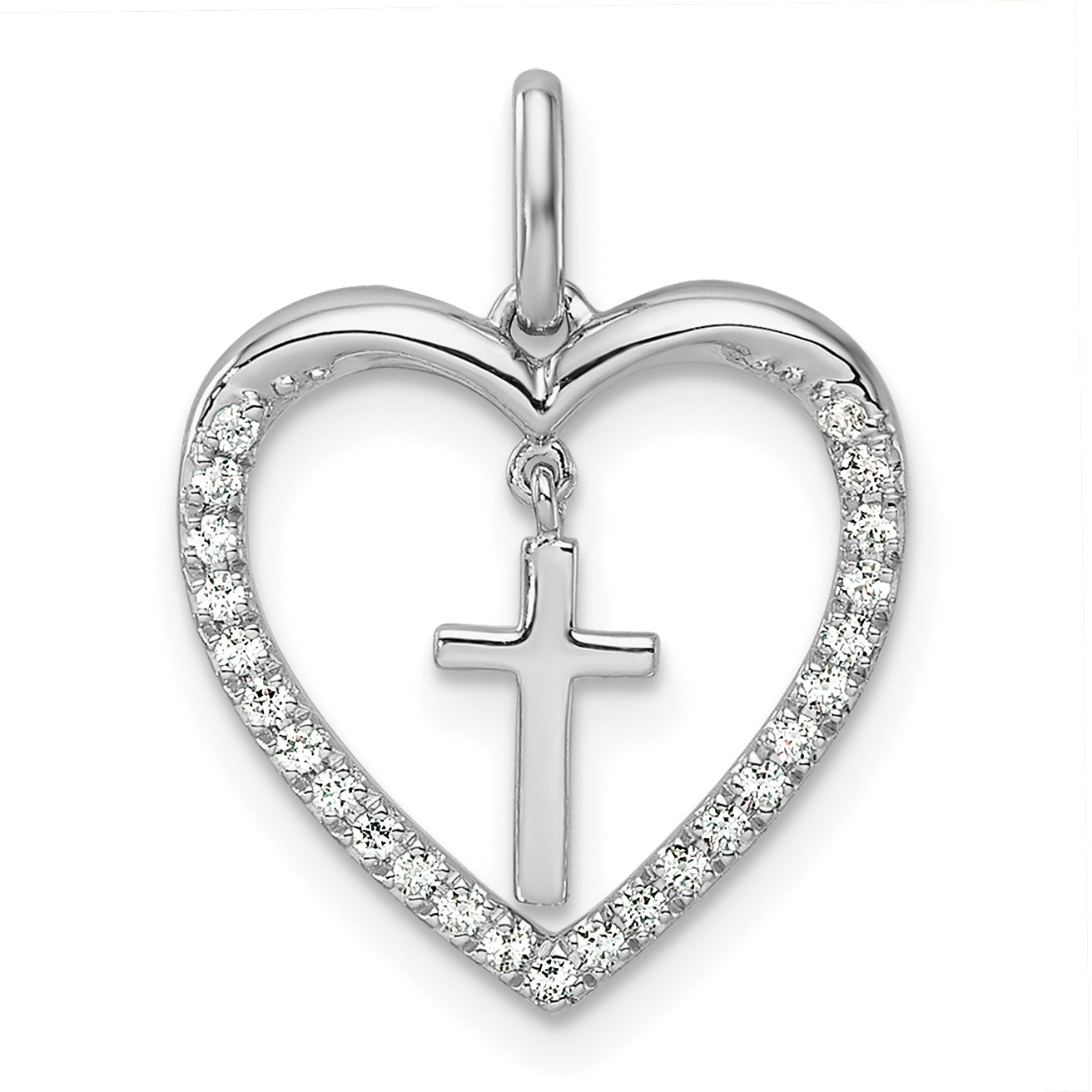 14K White Gold Polished Diamond Heart Dangle Cross Pendant Main image