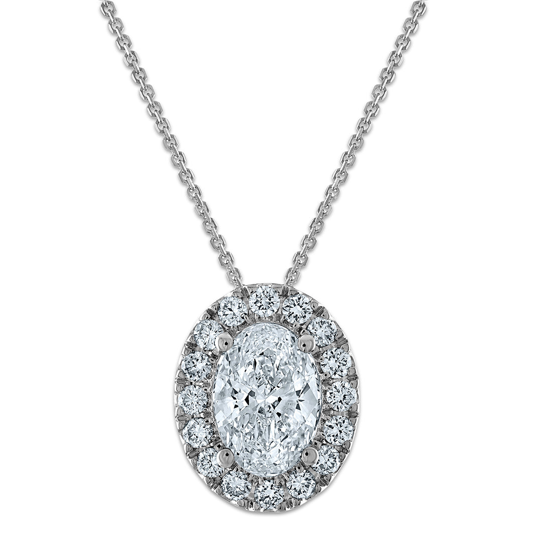 14k White Gold 2 1/2 carat Certified Lab Grown Diamond VS/SI+ G+ Complete 18 inch Oval Halo Pendant Necklace
