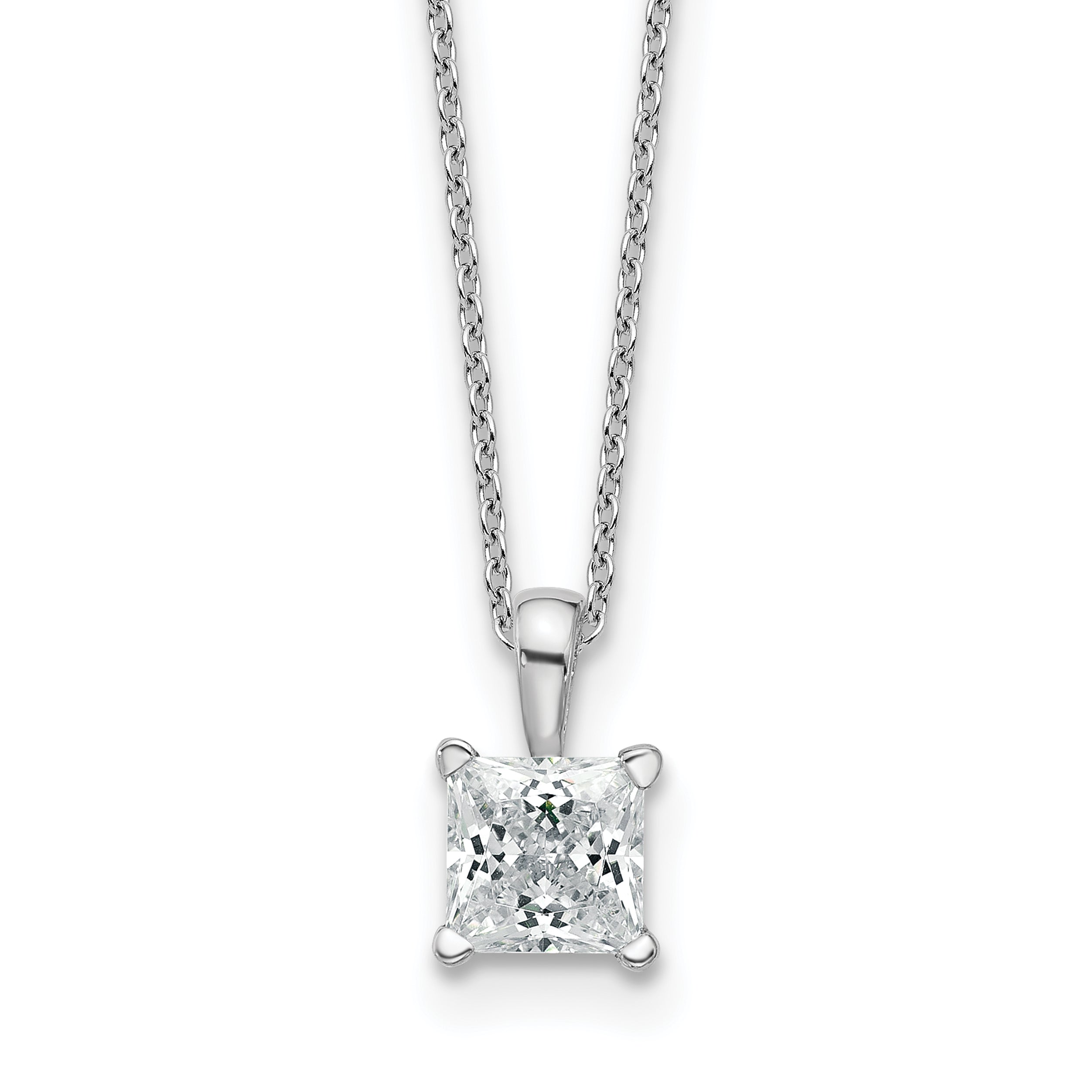 14k White Gold 1 carat Certified Lab Grown Diamond VS/SI+ G+ Princess Complete 18 inch Four Prong Pendant Necklace