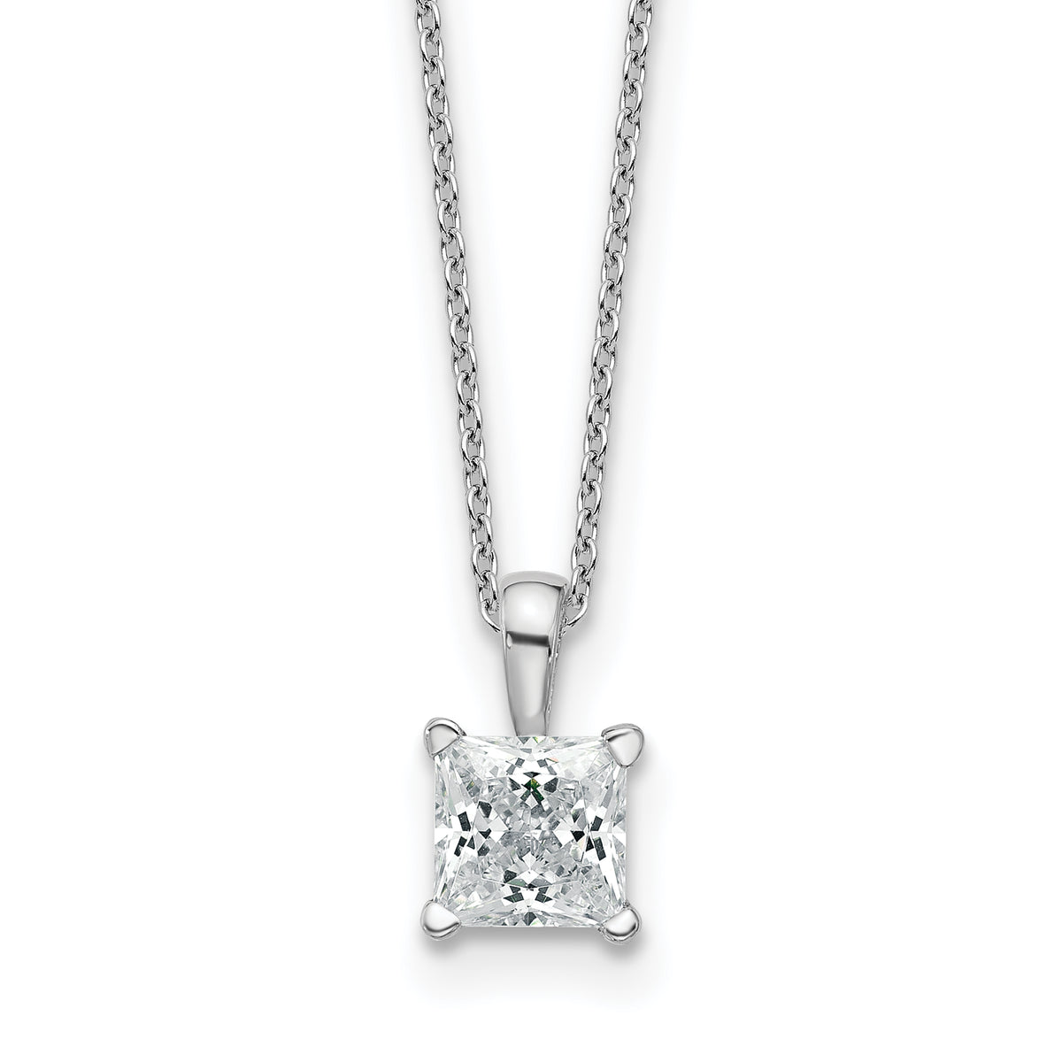 14k White Gold 1 carat Certified Lab Grown Diamond VS/SI+ G+ Princess Complete 18 inch Four Prong Pendant Necklace