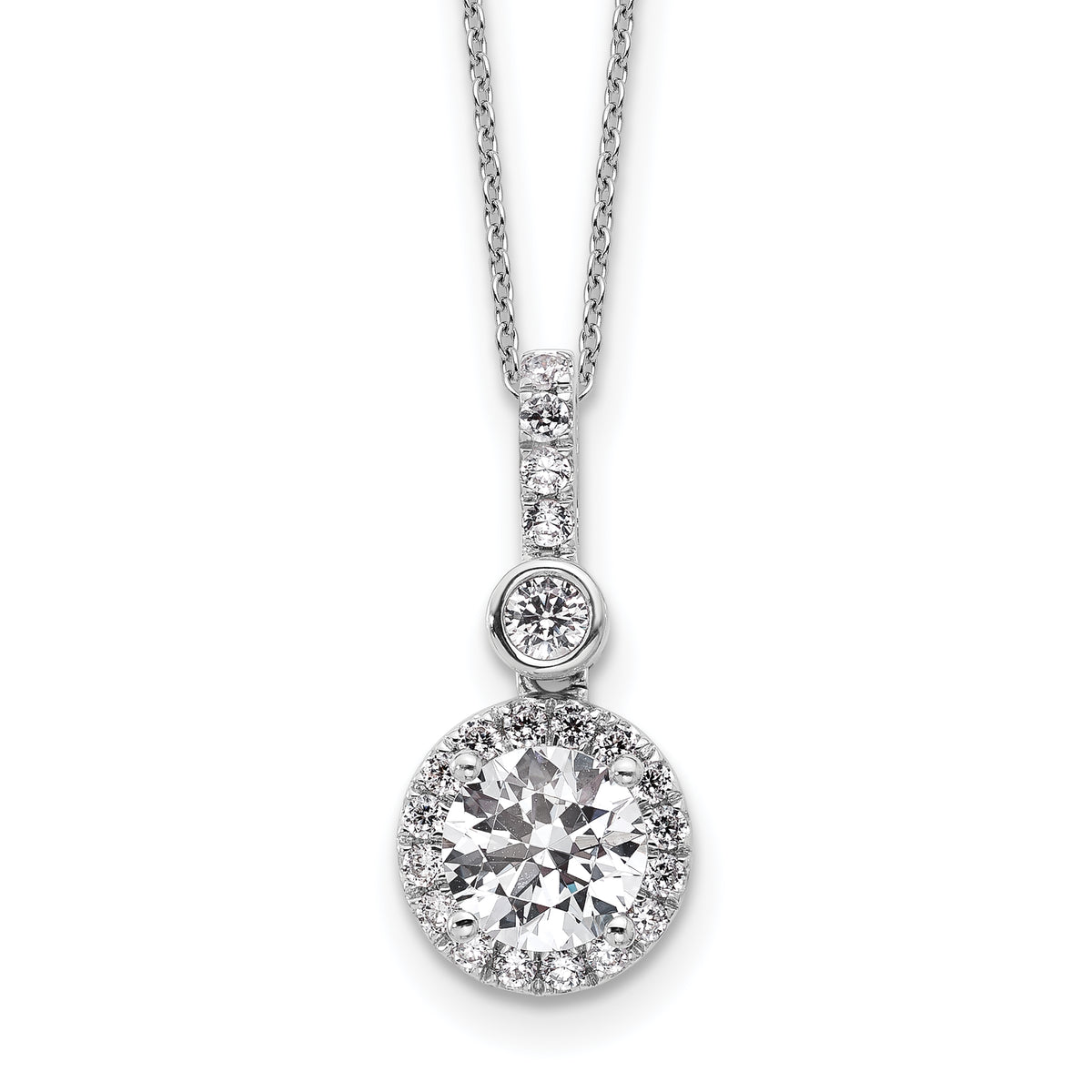 14k White Gold 2 carat Lab Grown Diamond VS+ F+ Round Complete 18 inch Halo Pendant Necklace