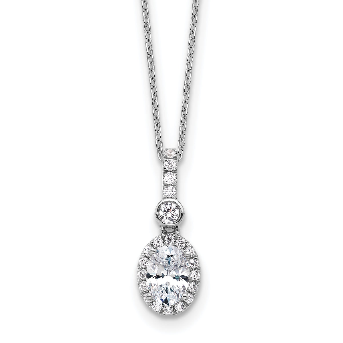 14k White Gold 1 carat Lab Grown Diamond VS+ F+ Oval Complete 18 inch Halo Pendant Necklace