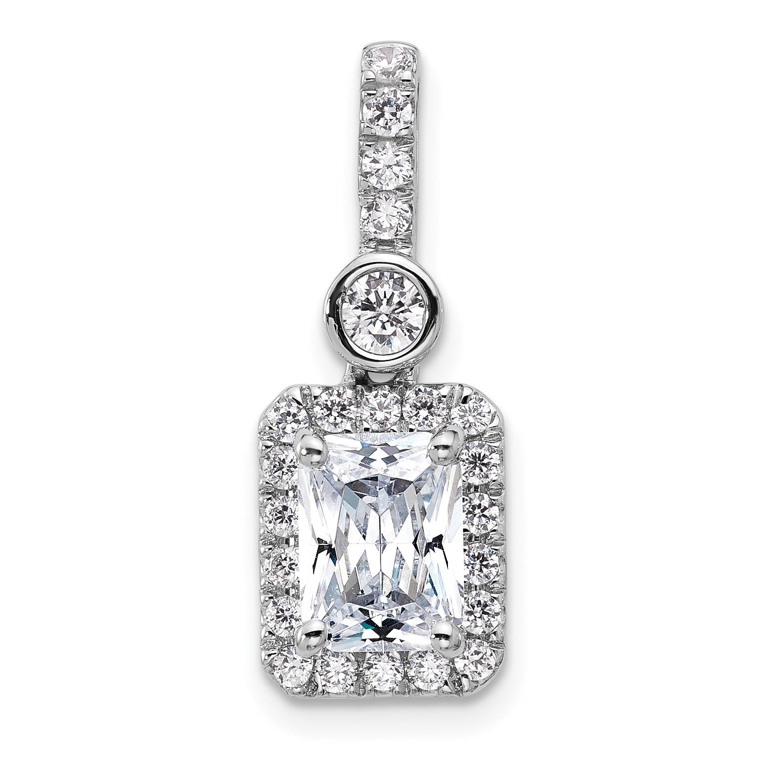 14k White Gold 2 carat Lab Grown Diamond VS+ F+ Radiant Complete Halo Pendant
