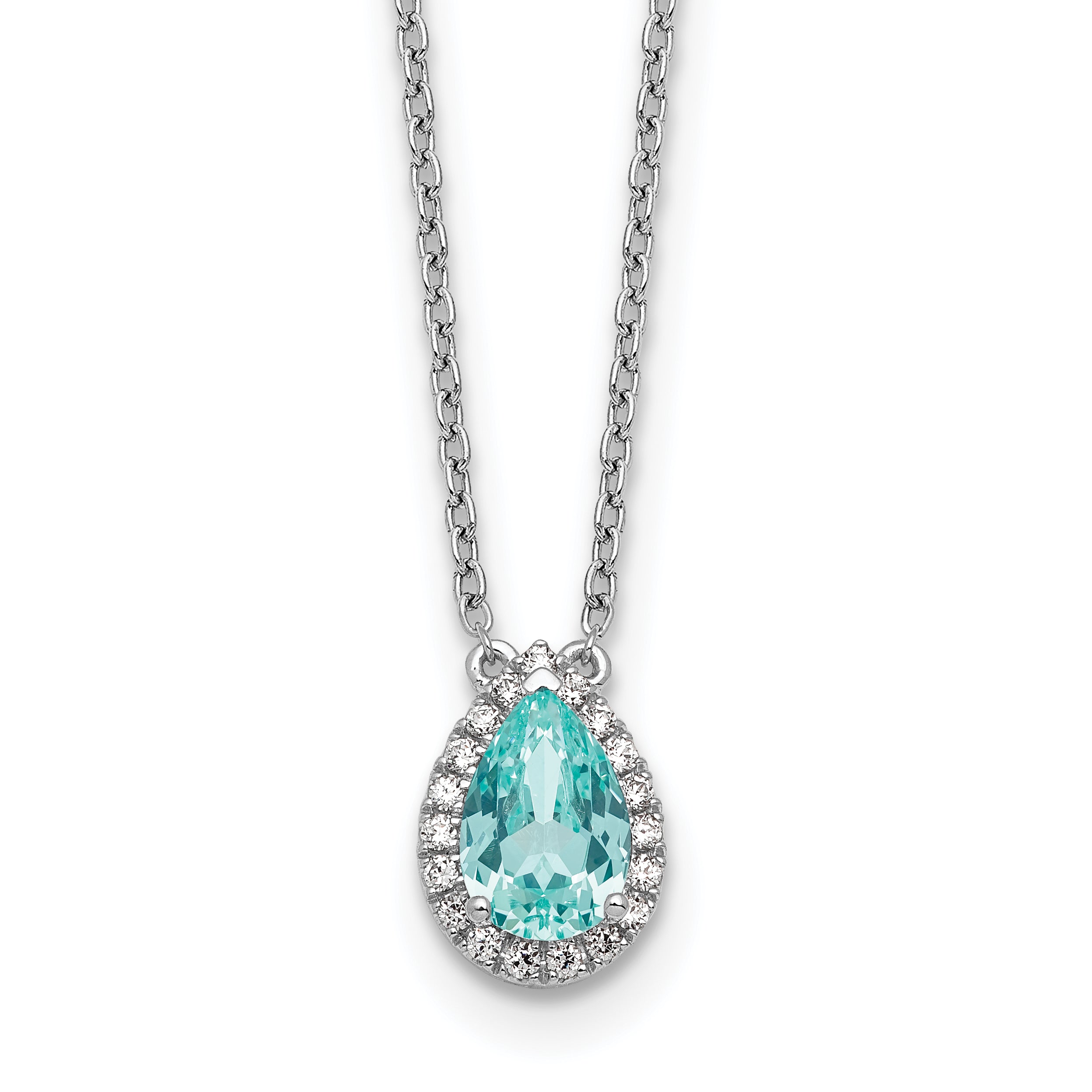 Pure Serenity 14k White Gold 1/6 carat Lab Grown Diamond VS/SI+ G+ and Lab Created Paraiba 18 inch Oval Halo Pendant Necklace