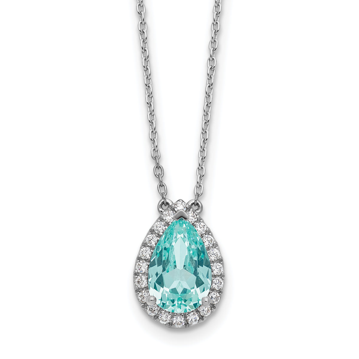 Pure Serenity 14k White Gold 1/4 carat Lab Grown Diamond VS/SI+ G+ and Lab Created Paraiba 18 inch Oval Halo Pendant Necklace