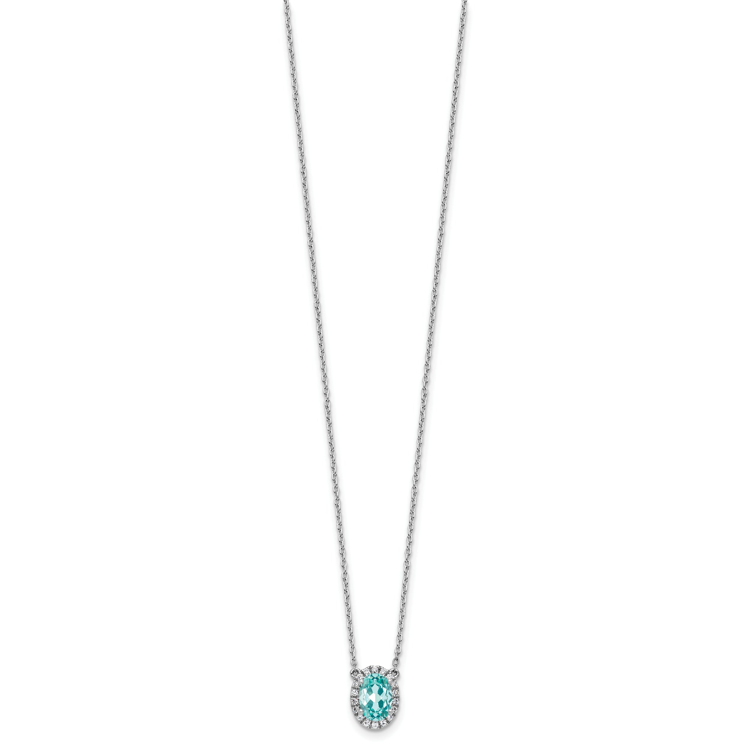 Pure Serenity 14k White Gold 1/8 carat Lab Grown Diamond VS/SI+ G+ and Lab Created Paraiba 18 inch Oval Halo Pendant Necklace