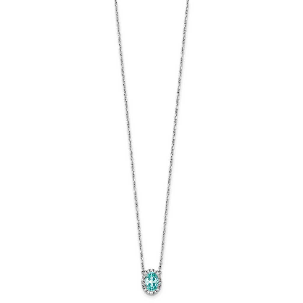 Pure Serenity 14k White Gold 1/8 carat Lab Grown Diamond VS/SI+ G+ and Lab Created Paraiba 18 inch Oval Halo Pendant Necklace