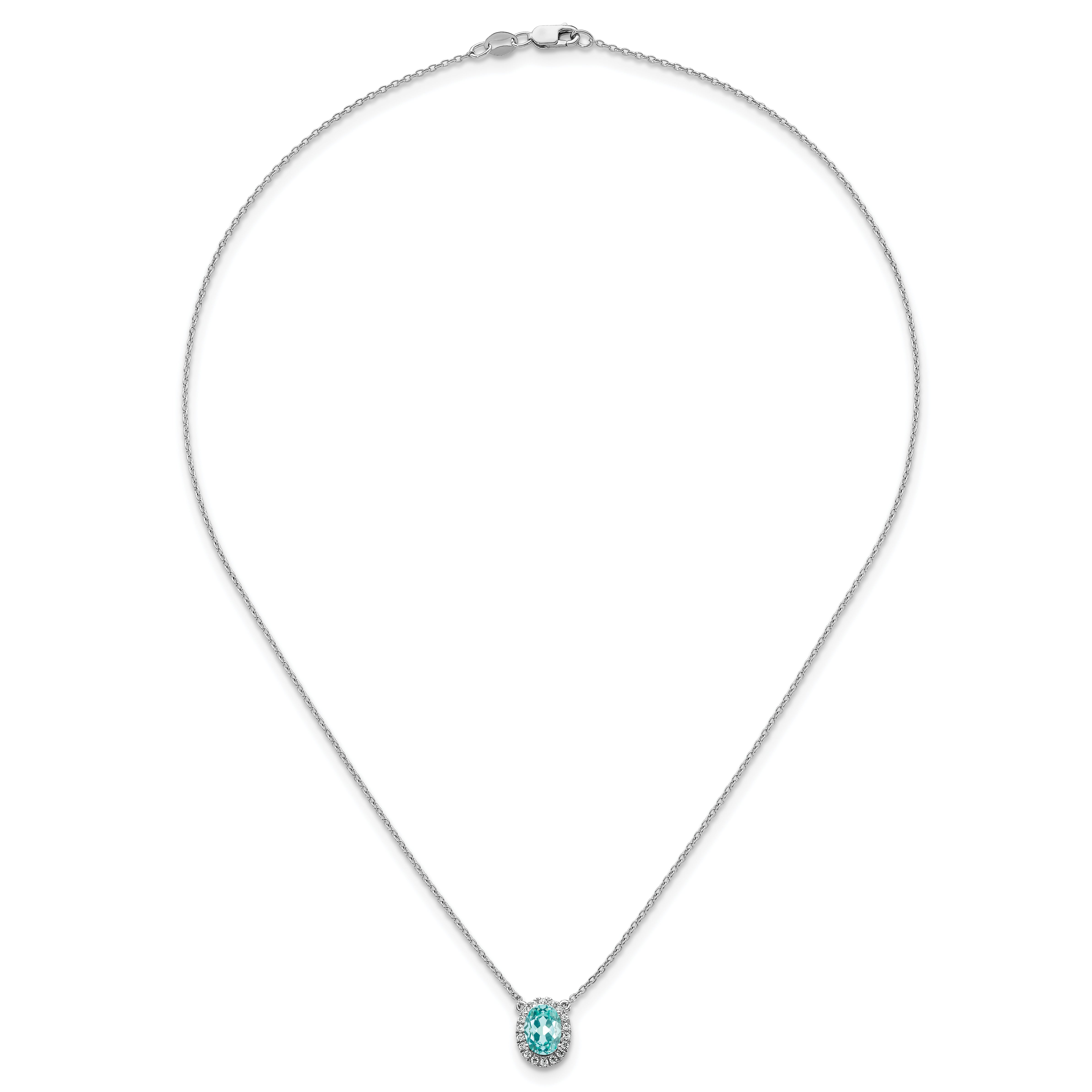 Pure Serenity 14k White Gold 1/8 carat Lab Grown Diamond VS/SI+ G+ and Lab Created Paraiba 18 inch Oval Halo Pendant Necklace