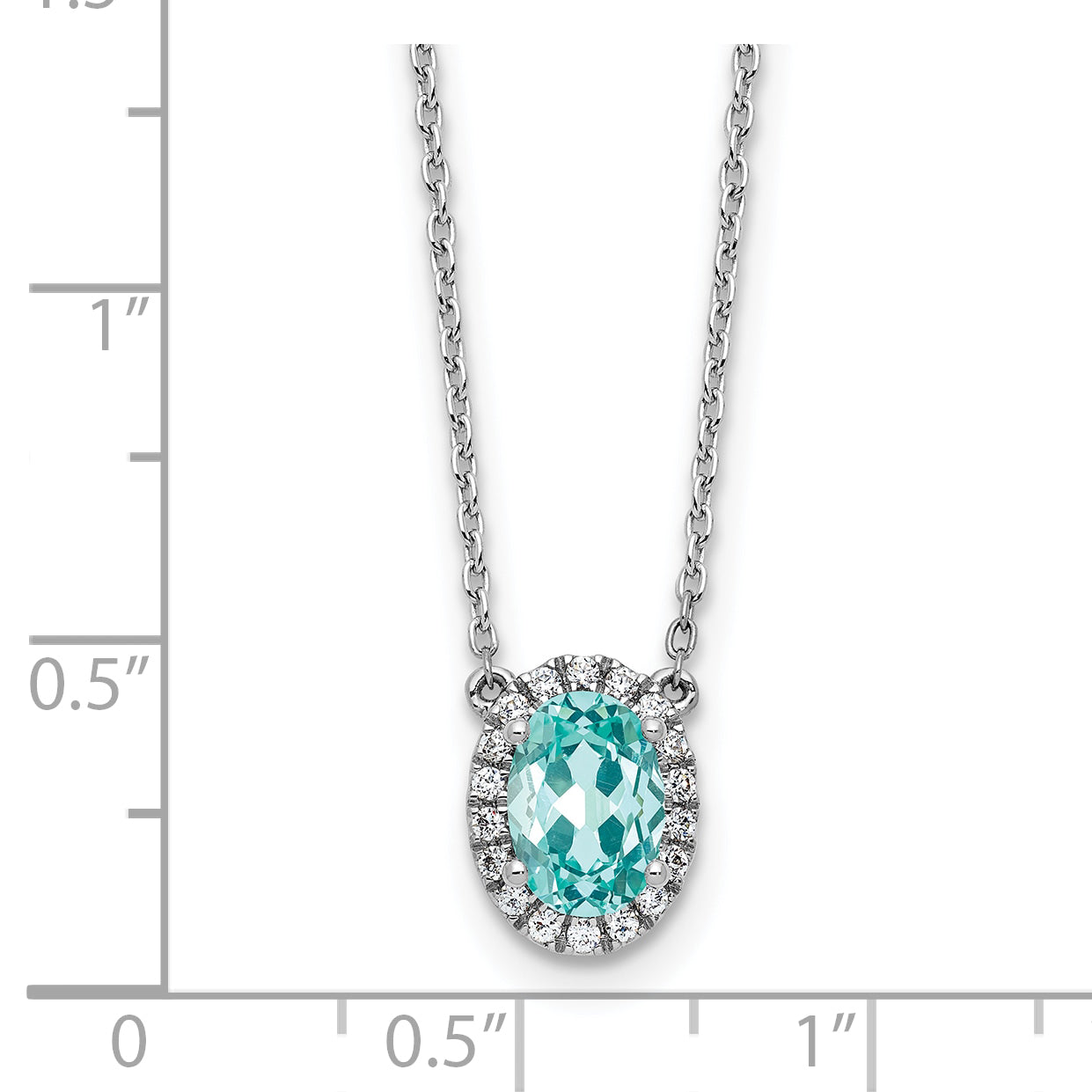 Pure Serenity 14k White Gold 1/8 carat Lab Grown Diamond VS/SI+ G+ and Lab Created Paraiba 18 inch Oval Halo Pendant Necklace