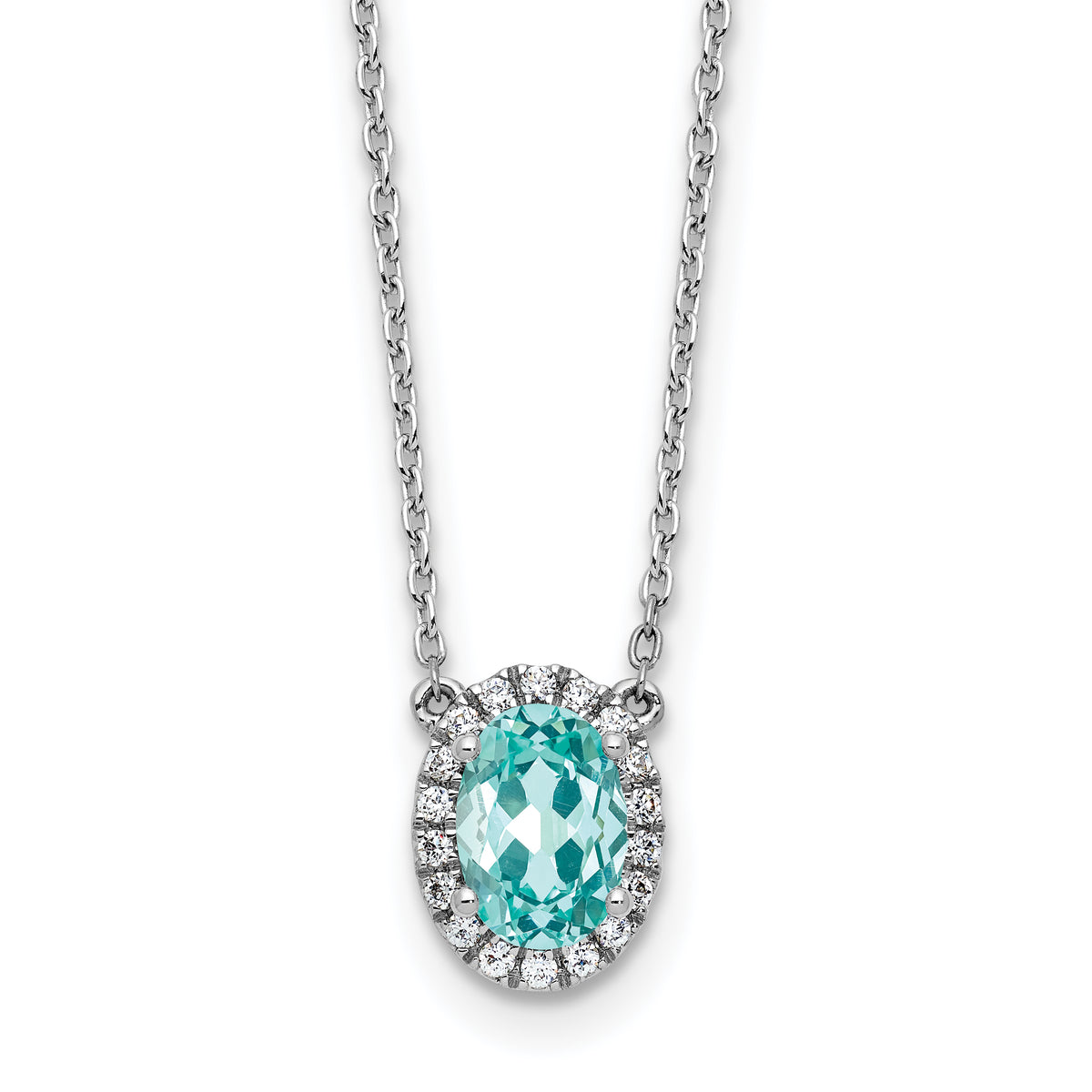 Pure Serenity 14k White Gold 1/8 carat Lab Grown Diamond VS/SI+ G+ and Lab Created Paraiba 18 inch Oval Halo Pendant Necklace