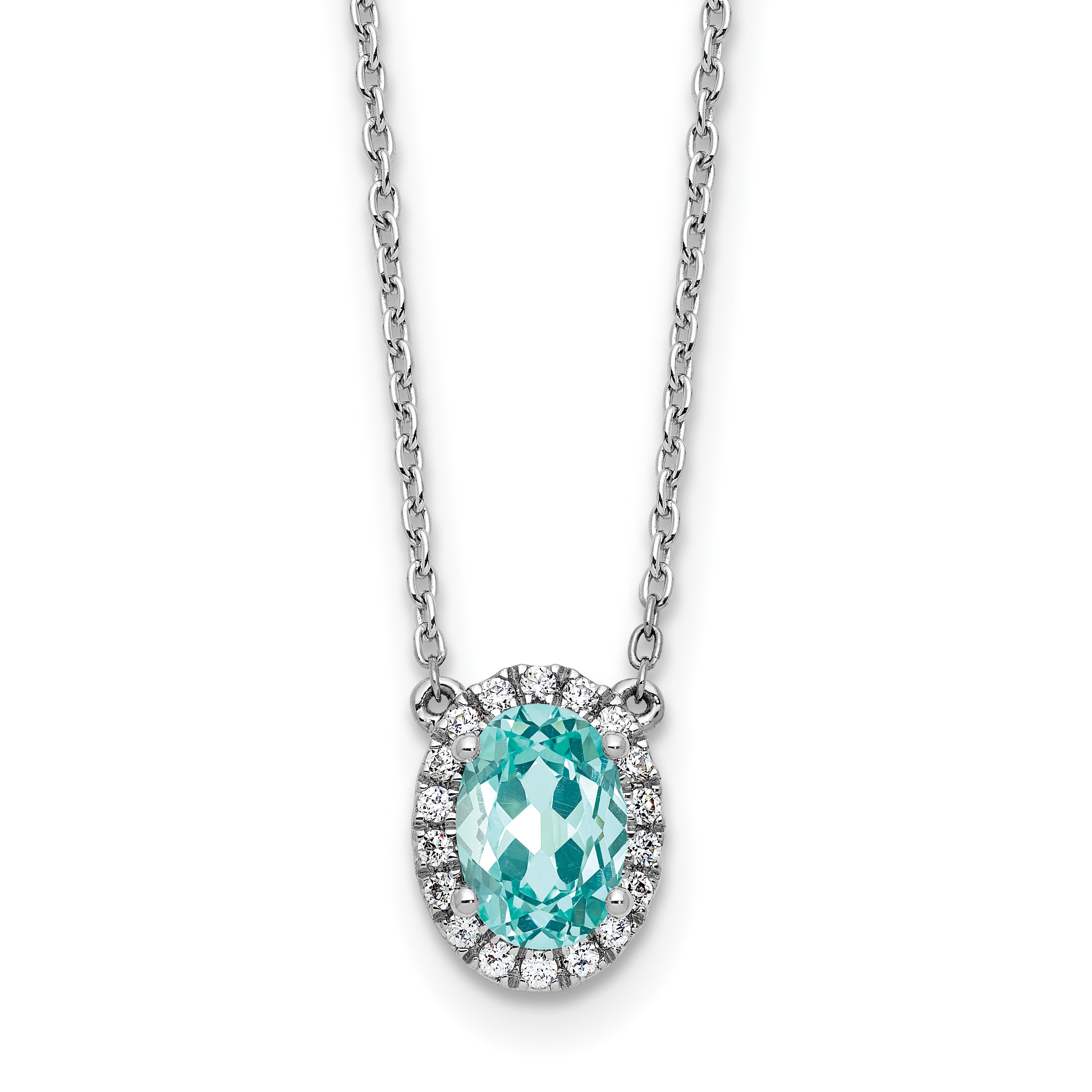 Pure Serenity 14k White Gold 1/8 carat Lab Grown Diamond VS/SI+ G+ and Lab Created Paraiba 18 inch Oval Halo Pendant Necklace