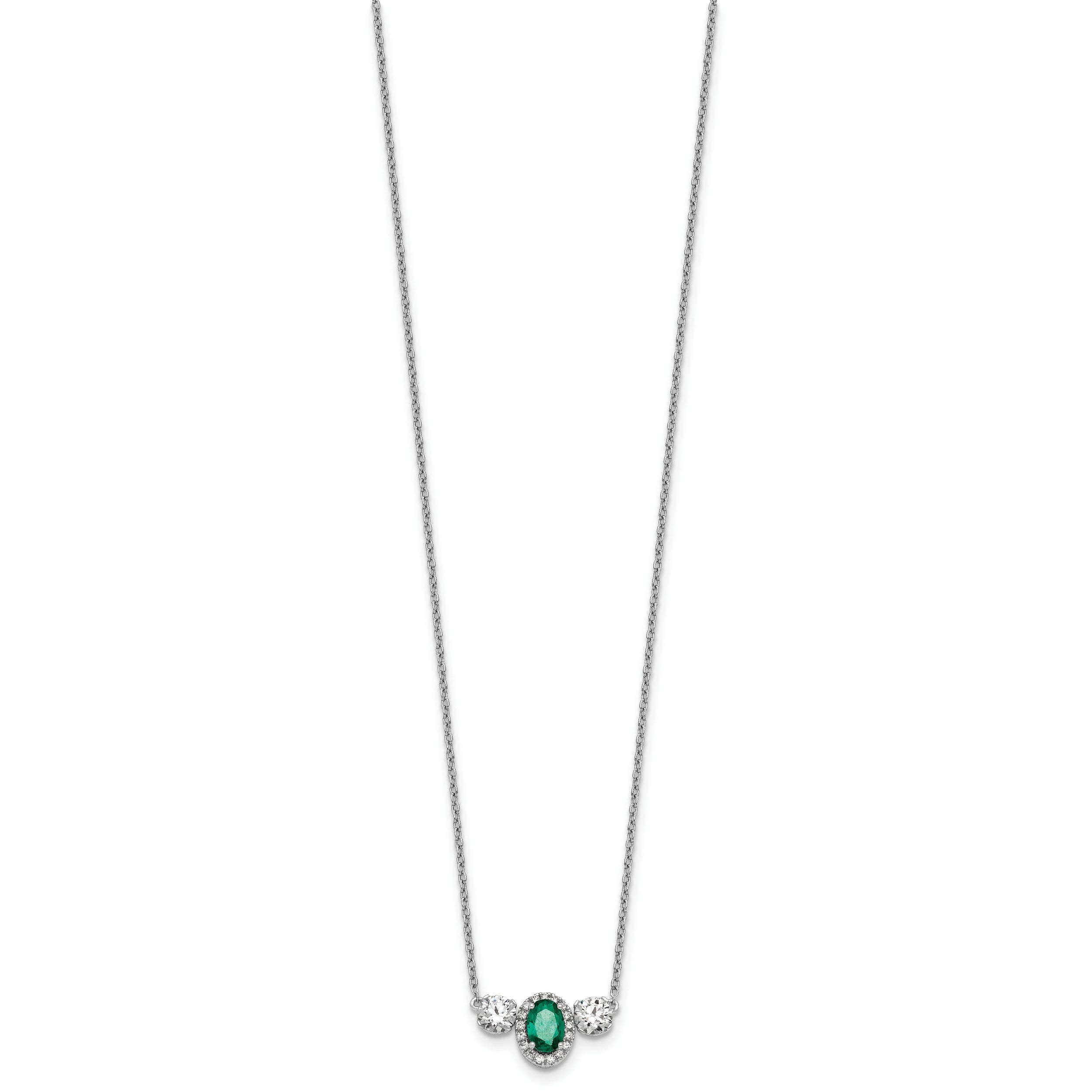 14k White Gold 1 1/8 carat Lab Grown Diamond VS/SI+ G+ and Created Emerald Complete Three Stone 16 inch Necklace
