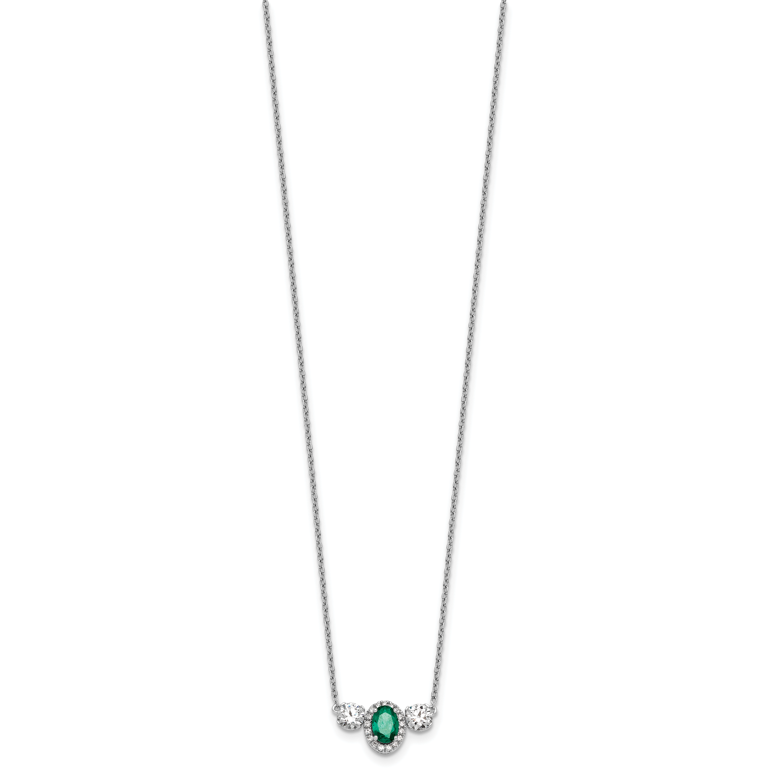14k White Gold 1 1/8 carat Lab Grown Diamond VS/SI+ G+ and Created Emerald Complete Three Stone 16 inch Necklace Secondary image