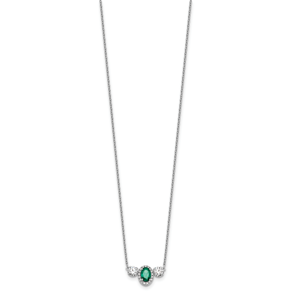 14k White Gold 1 1/8 carat Lab Grown Diamond VS/SI+ G+ and Created Emerald Complete Three Stone 16 inch Necklace