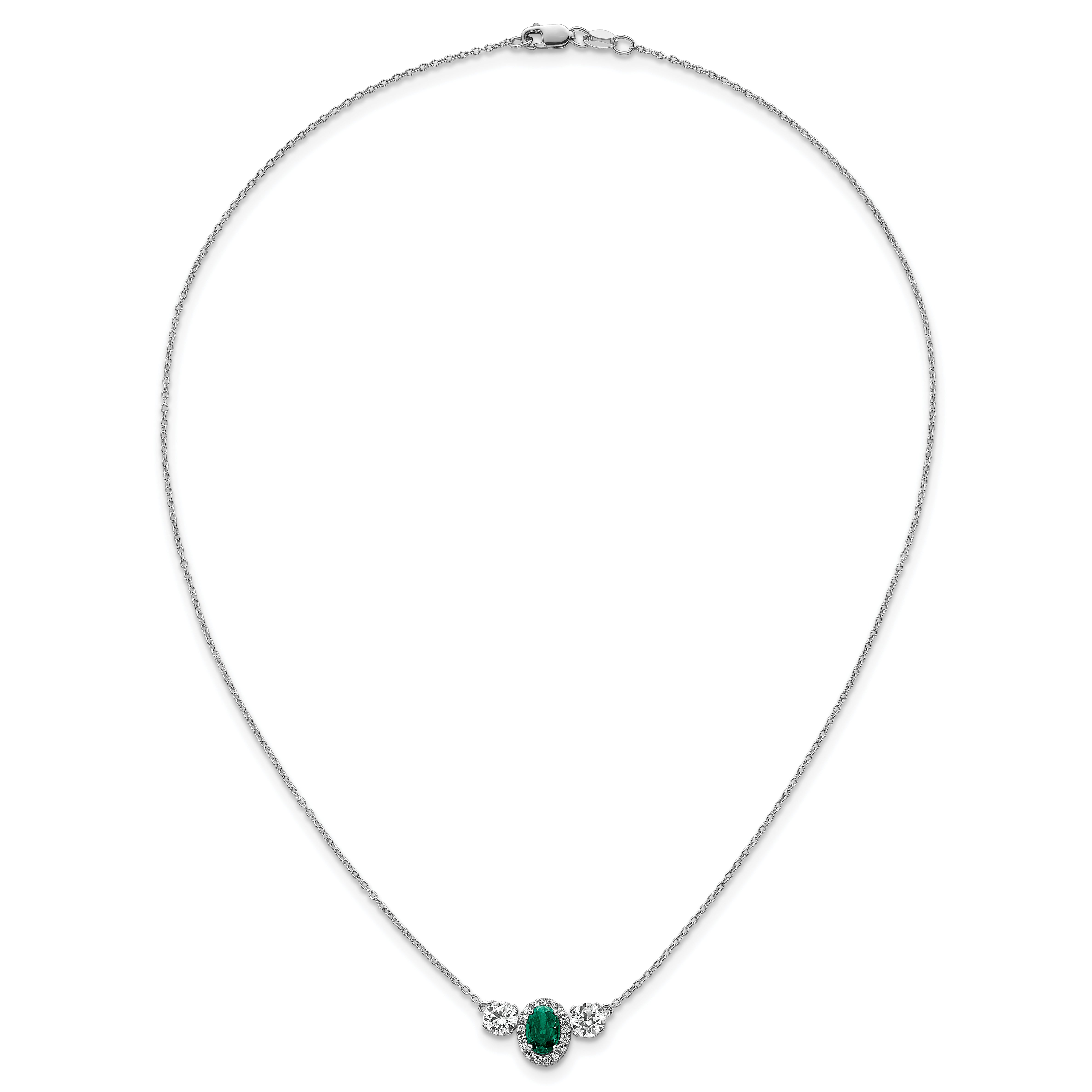 14k White Gold 1 1/8 carat Lab Grown Diamond VS/SI+ G+ and Created Emerald Complete Three Stone 16 inch Necklace