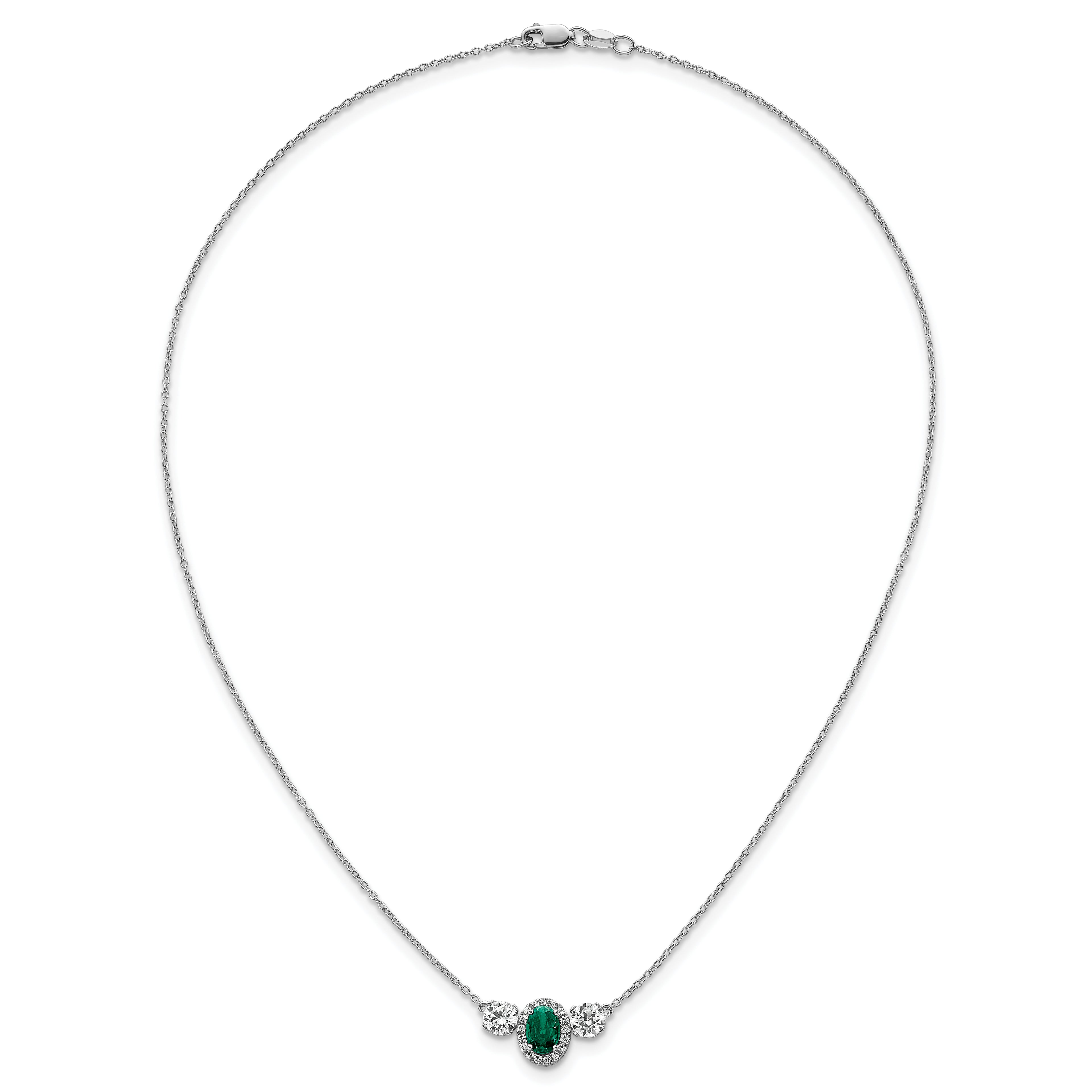 14k White Gold 1 1/8 carat Lab Grown Diamond VS/SI+ G+ and Created Emerald Complete Three Stone 16 inch Necklace