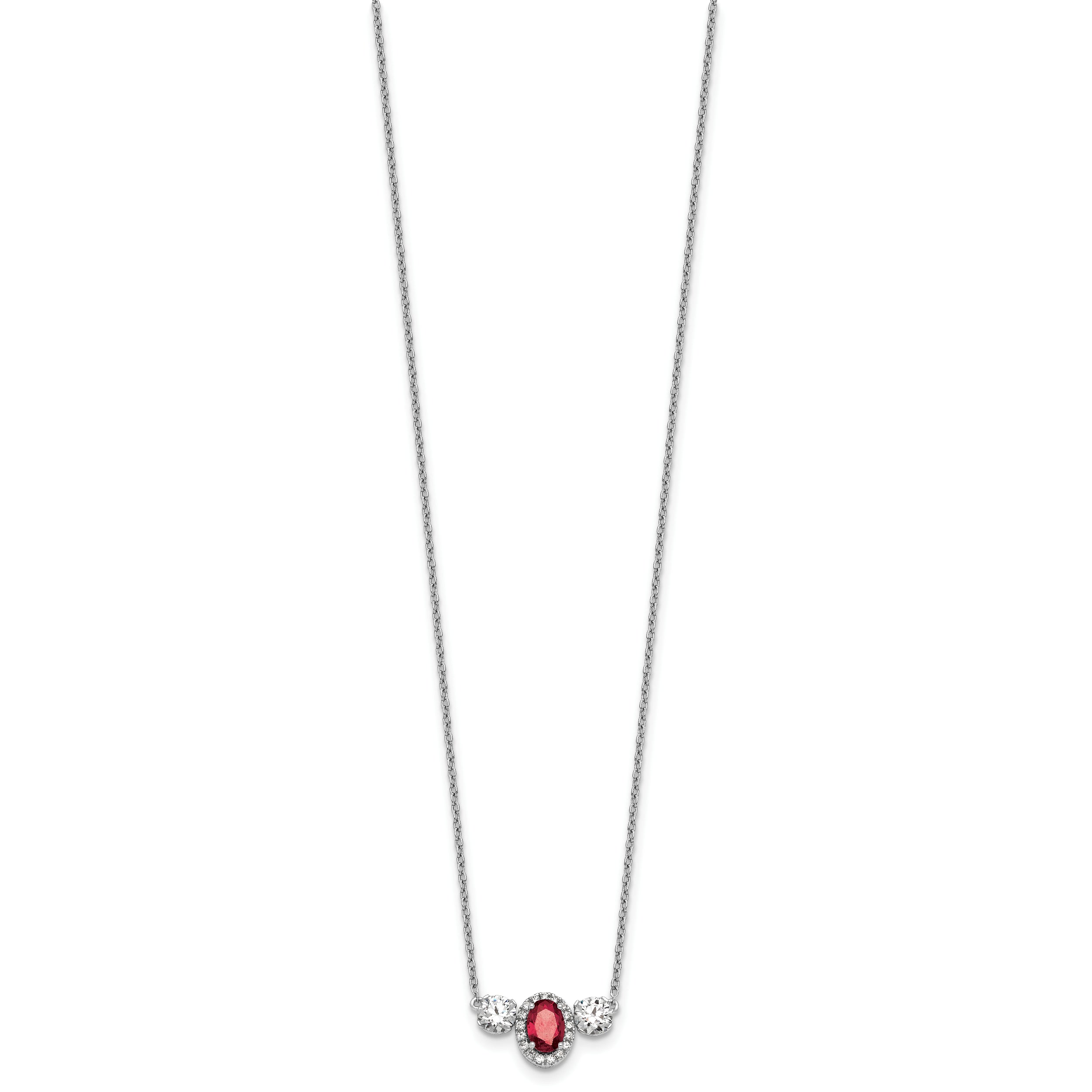 14k White Gold 1 1/8 carat Lab Grown Diamond VS/SI+ G+ and Created Ruby Complete Three Stone 16 inch Necklace