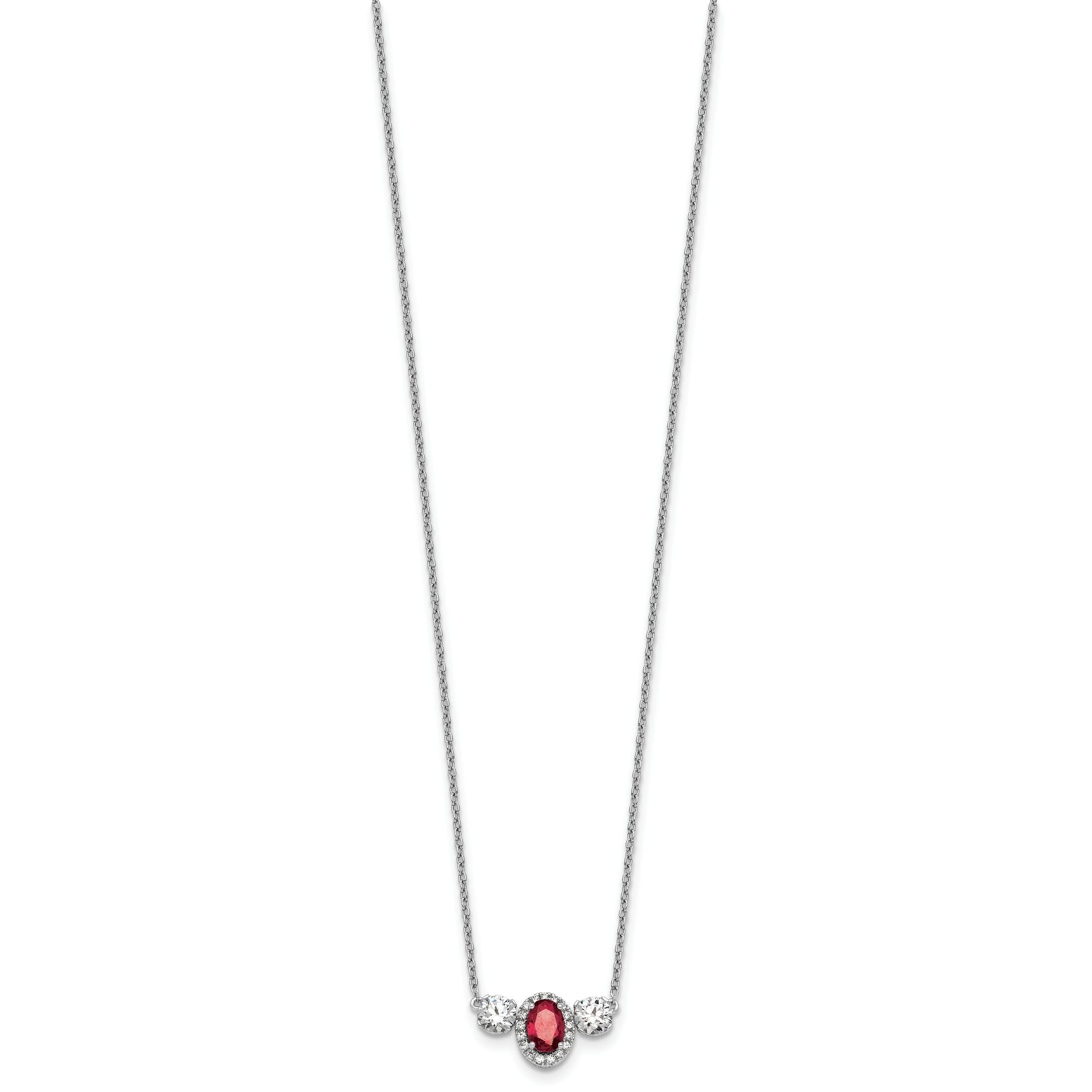 14k White Gold 1 1/8 carat Lab Grown Diamond VS/SI+ G+ and Created Ruby Complete Three Stone 16 inch Necklace